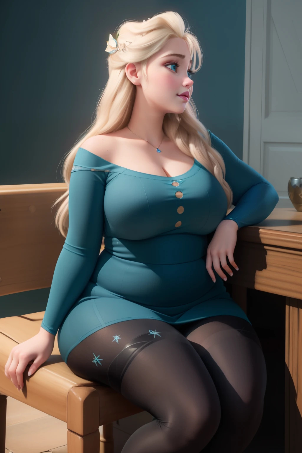 masterpiece, (photorealistic), (8k wallpaper) , (best quality), perfect quality, solo, (detailed eyes), girl, Elsa, blonde hair, very beautiful, (side view), young, pose: ((side view), sitting on chair, looking forward), face : (Elsa, small smile, young, very beautiful face, plump face, round face, double chin, plump cheeks, small smile, very beautiful, cute face, young, big eyes) , figure: ( very full body, very full figure, very thicc, very thick, very chubby, very chubby belly, chubby belly bottom, big deep navel, very soft, very curvy, love handles, fat rolls, belly rolls, overhanging belly, sexy curves, wide hips, sexy, muffin top, very thick thighs, thunder thighs) , clothes : (tight teal dress, black tights)