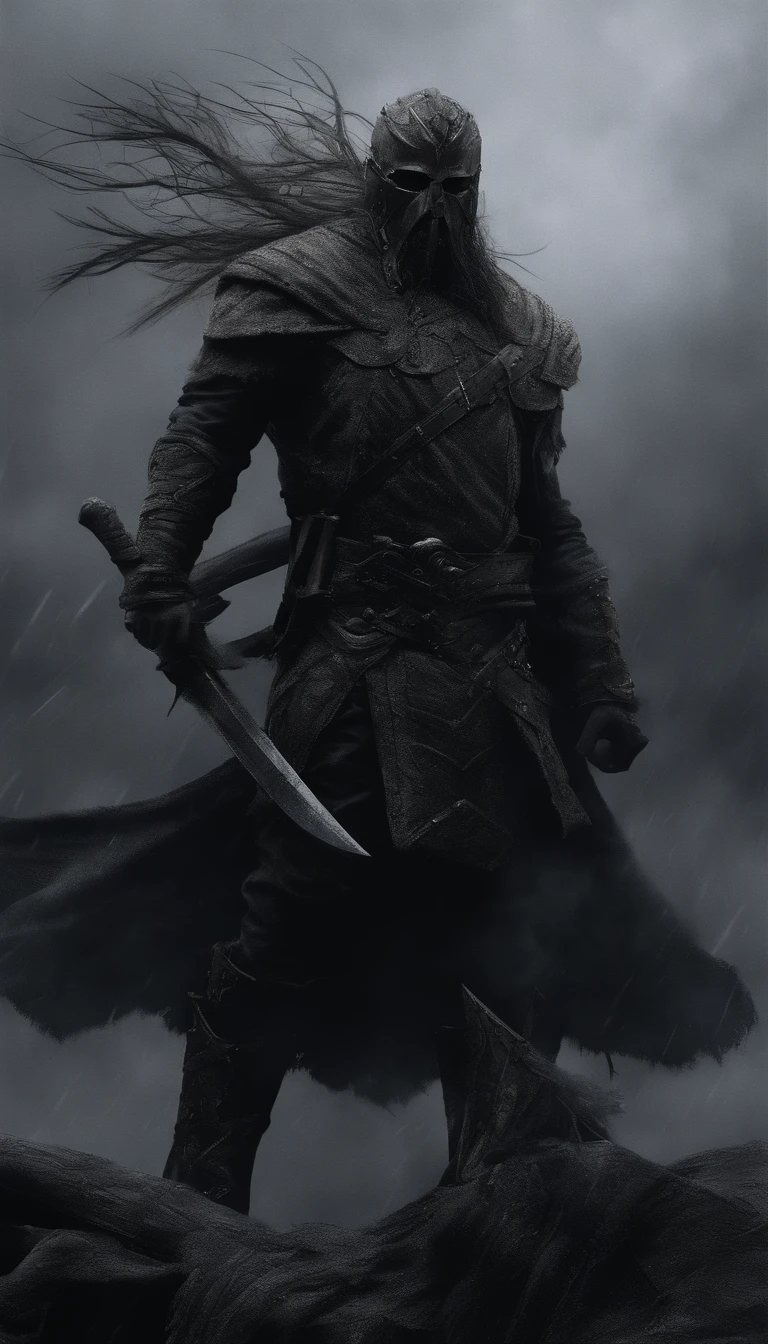 (best quality,4k,8k,highres,masterpiece:1.2),ultra-detailed,(realistic,photorealistic,photo-realistic:1.37),Viking warrior,strong build,no face,black background,full body,ancient,heroic,brave,dark atmosphere,battle-ready,sword in hand,thick fur cloak,golden armor,bearded,raised shield,war paint,flaming torch,windblown hair,aggressive stance,muscular silhouette,determined expression,heavy footsteps,ominous shadows,scarred,mythical,aura of power,legendary,boots stomping,tough demeanor,rugged appearance,distant mountains,battlefield,lightning strikes,cold breath,moonlit night,powerful presence
