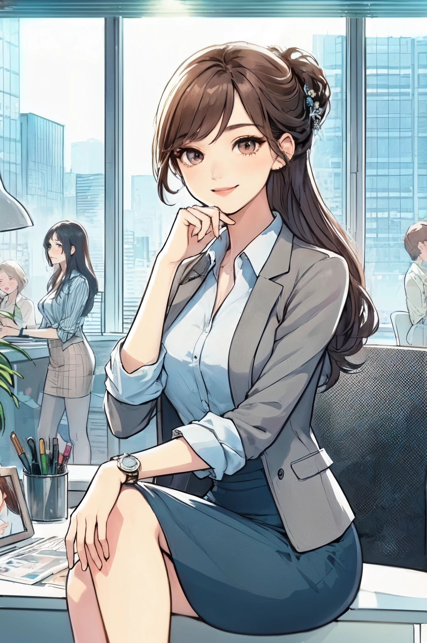 1lady sitting (crossed legs), office worker (stylish outfit), (pencil skirt), mature female, /(dark brown hair/) bangs, blush kind smile, (masterpiece best quality:1.2) delicate illustration ultra-detailed, large breasts BREAK (modern office indoors), window cityscape, detailed background