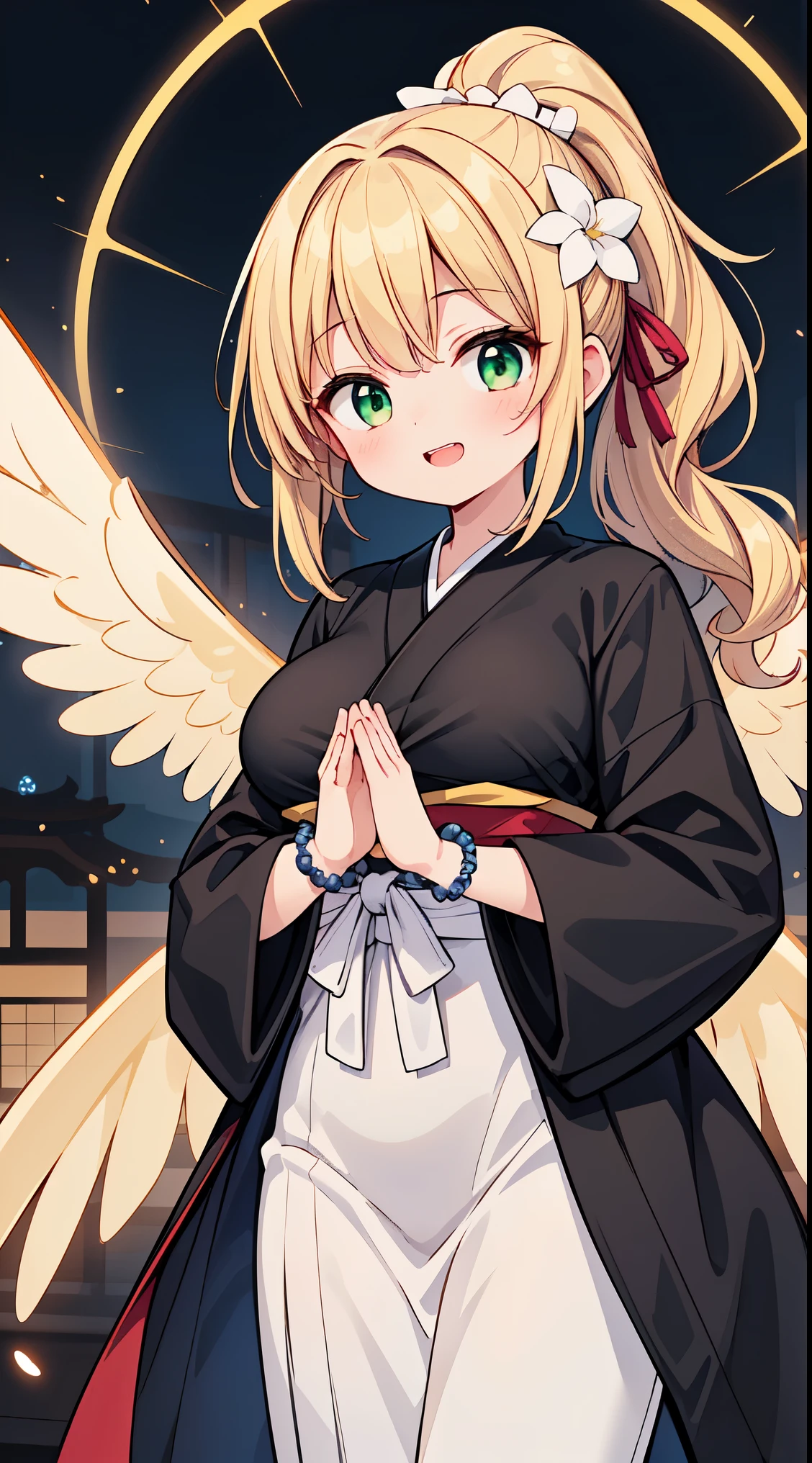 (masterpiece, top quality, best quality, official art, beautiful and aesthetic:1.2),ultra-detailed,intricate details,amazing illustration,award-winning art,atmospheric,
BREAK,
1 beautiful girl, girl, (cute:1.5),(Little:0.5),(cute:2.0),(change:2.0),(12 year old girl),(big breasts:1.65),(chin hair,blonde,blue bow,green eyes,Eyebrows visible through the hair,side lock,long hair with bangs parted, hair flower, hair ornaments, big ribbon in hair, curly hair, ponytail:1.6),:he, white feathers, one thin white wing, Ang he wings, spread your wings, shining wings),pit \black},glowing skin, beautiful skin, Shining beautiful skin, open your mouth, bashful smile, alone, tooth, upper teeth,(long eyheashes, double eyheids:1.2),alone, glowing skin, beautiful skin, Shining beautiful skin,(highest quality face),(highest quality shining eyes),
BREAK, (meditation pose, join palms together,praying,own hands together,, cute,slender, small breasts, Very long sleeves that cover the wrists,very Thick muscular arms, arm muscles,muscular,muscular female:1.4),(light smile, closed mouth, closed eyes, Japanese monk girl, long Japanese monk's black robe,long buddhist black robe, Buddhist prayer beads around her wrist, very long black hakama:1.3),(Buddhist Prayer,Sanskrit text, mandala,shining circle, team light, shining, aureole, illusion effect, magic effect, holylight:1.2), (full body),,depth of fields,
BREAK,wakame,wakame,wakame,(Cowboy Shot:1.4),
BREAK,(Blurry background:1.3),(absurderes, hight resolution, Super Detail Art),cel shading,Clear Color, Lonely optical effect, Beautiful pictures, Bright glow, mystic atmosphere,(Close-up of girl:1.1), Mystical light particle effect,manga influence, clean line drawings,