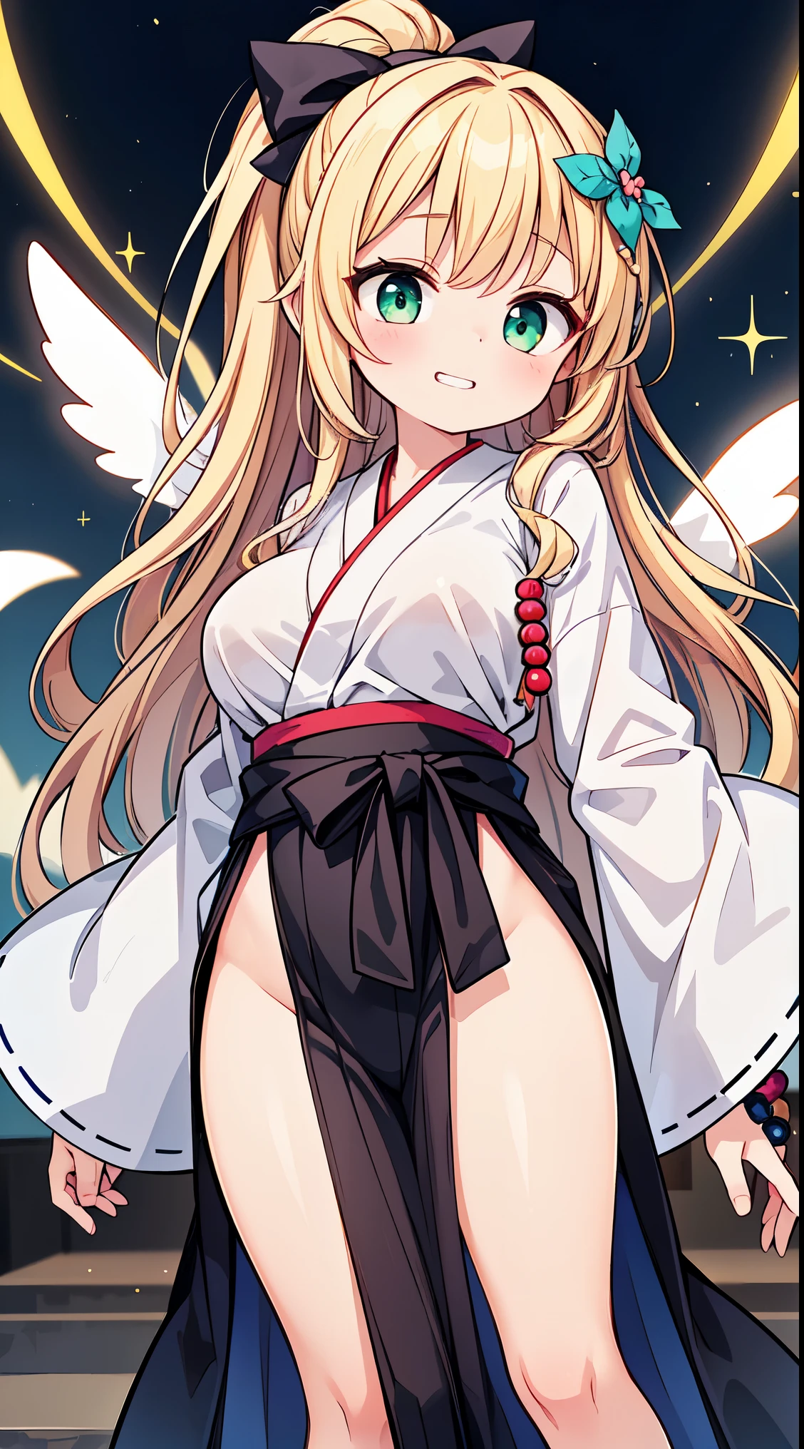 (masterpiece, top quality, best quality, official art, beautiful and aesthetic:1.2),ultra-detailed,intricate details,amazing illustration,award-winning art,atmospheric,
BREAK,
1 beautiful girl, girl, (cute:1.5),(Little:0.5),(cute:2.0),(change:2.0),(12 year old girl),(big breasts:1.65),(chin hair,blonde,blue bow,green eyes,Eyebrows visible through the hair,side lock,long hair with bangs parted, hair flower, hair ornaments, big ribbon in hair, curly hair, ponytail:1.6),:he, white feathers, one thin white wing, Ang he wings, spread your wings, shining wings),pit \black},glowing skin, beautiful skin, Shining beautiful skin, open your mouth, bashful smile, alone, tooth, upper teeth,(long eyheashes, double eyheids:1.2),alone, glowing skin, beautiful skin, Shining beautiful skin,(highest quality face),(highest quality shining eyes),
BREAK, (meditation pose, join palms together,praying,own hands together,17 years old, cute,slender, small breasts, Very long sleeves that cover the wrists,very Thick muscular arms, arm muscles,muscular,muscular female:1.4),(light smile, closed mouth, closed eyes, Japanese monk girl, long Japanese monk's black robe,long buddhist black robe, Buddhist prayer beads around her wrist, very long black hakama:1.3),(Buddhist Prayer,Sanskrit text, mandala,shining circle, team light, shining, aureole, illusion effect, magic effect, holylight:1.2), (full body),,depth of fields,
BREAK,wakame,wakame,wakame,(Cowboy Shot:1.4),
BREAK,(Blurry background:1.3),(absurderes, hight resolution, Super Detail Art),cel shading,Clear Color, Lonely optical effect, Beautiful pictures, Bright glow, mystic atmosphere,(Close-up of girl:1.1), Mystical light particle effect,manga influence, clean line drawings,