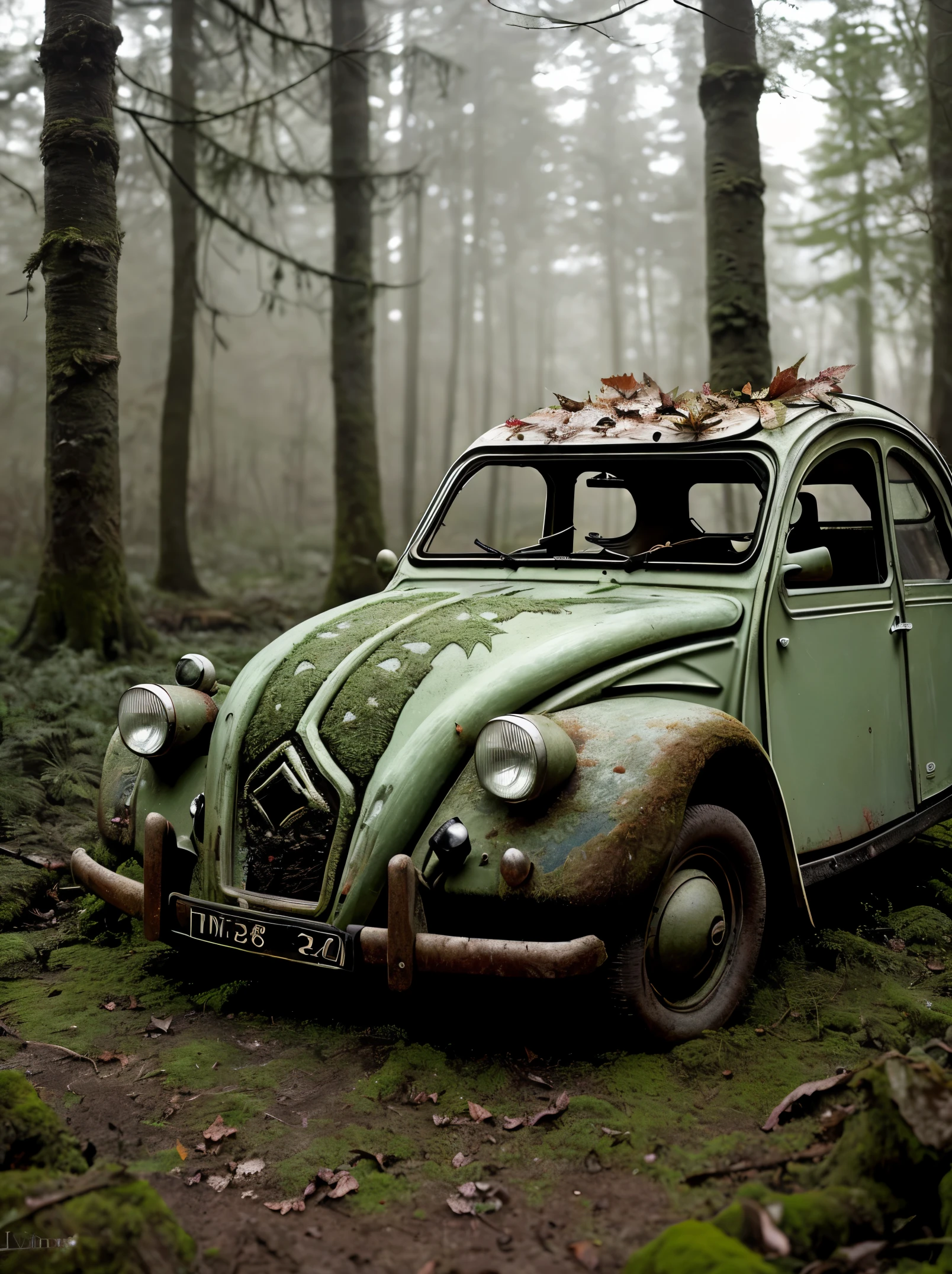 A haunting image of a decaying green citroen 2CV, its partially decayed remains covered in moss and lichen. The large, twisted, leaf-shaped structures beneath the insect resemble twisted rope, and the surrounding forest is bathed in a warm, golden light. The sun casts a warm glow on the scene, illuminating the decaying leaves, highlighting the vivid color and texture of the decaying wood. fast shutter speed, wide aperture, low light