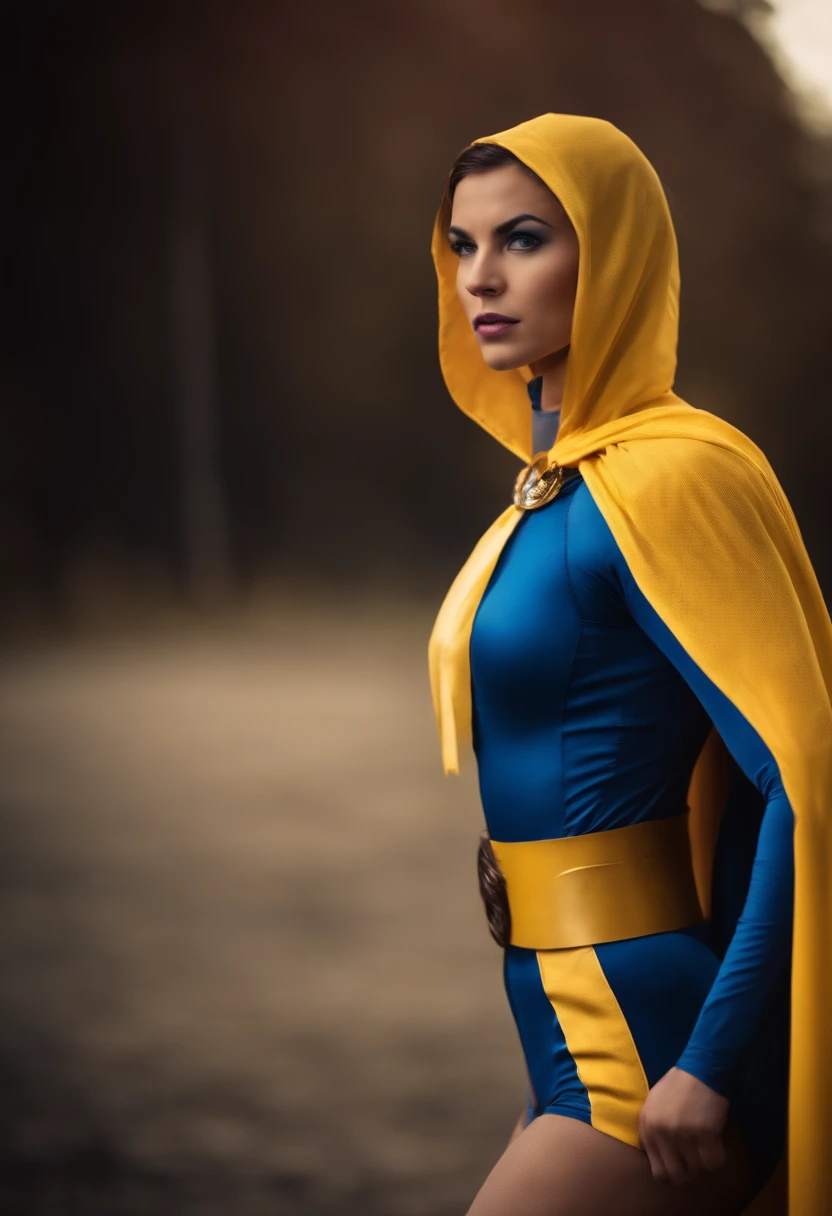 A superheroine with mask and cape, with blue pantyhose, with yellow belt, 