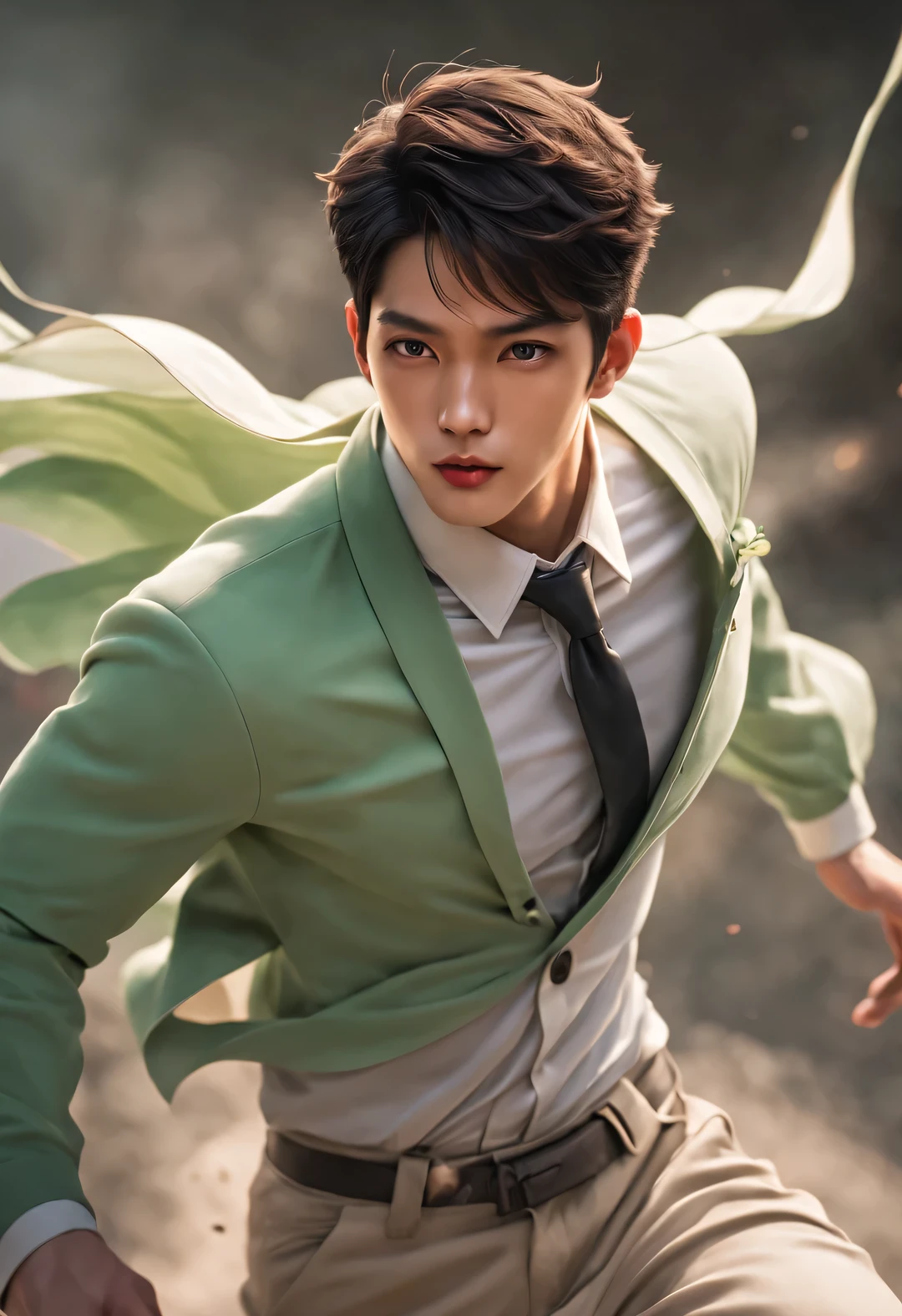 (male character design), Half-length close-up, Staring at the camera, (Handsome Chinese boy Song Yu looks at the camera), (thick curly short hair: 1.1), (curls), (Wearing a modern and fashionable light green high-end cardigan), Song Yu&#39;s facial features are correct, His face is symmetrical, His eyebrows are long and thick, slightly upward, His eyes were bright and vibrant, Demonstrate intelligence and agility. (His lips were rosy and full, slightly upward, His lips were rosy and full), His big sexy mouth, His nose was straight，Does not protrude, His smile is bright and natural, Like a sculpture, perfect. Song Yi’s skin is fair and delicate, And smooth as white jade, A sense of beauty appears on the skin. health and radiance, Gives people a fresh and pure feeling, His cheeks flushed slightly (Inspired by young actor Brigitte Lin), Revealing a hint of astringency and cuteness, HD, high quality, HD analysis, 32k, Surrealism,