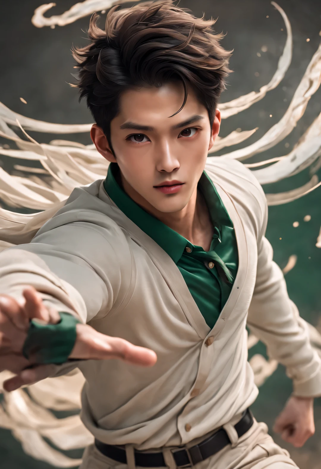 (male character design), Half-length close-up, Staring at the camera, (Handsome Chinese boy Song Yu looks at the camera), (thick curly short hair: 1.1), (curls), (Wearing a modern and fashionable light green high-end cardigan), Song Yu&#39;s facial features are correct, His face is symmetrical, His eyebrows are long and thick, slightly upward, His eyes were bright and vibrant, Demonstrate intelligence and agility. (His lips were rosy and full, slightly upward, His lips were rosy and full), His big sexy mouth, His nose was straight，Does not protrude, His smile is bright and natural, Like a sculpture, perfect. Song Yi’s skin is fair and delicate, And smooth as white jade, A sense of beauty appears on the skin. health and radiance, Gives people a fresh and pure feeling, His cheeks flushed slightly (Inspired by young actor Brigitte Lin), Revealing a hint of astringency and cuteness, HD, high quality, HD analysis, 32k, Surrealism,