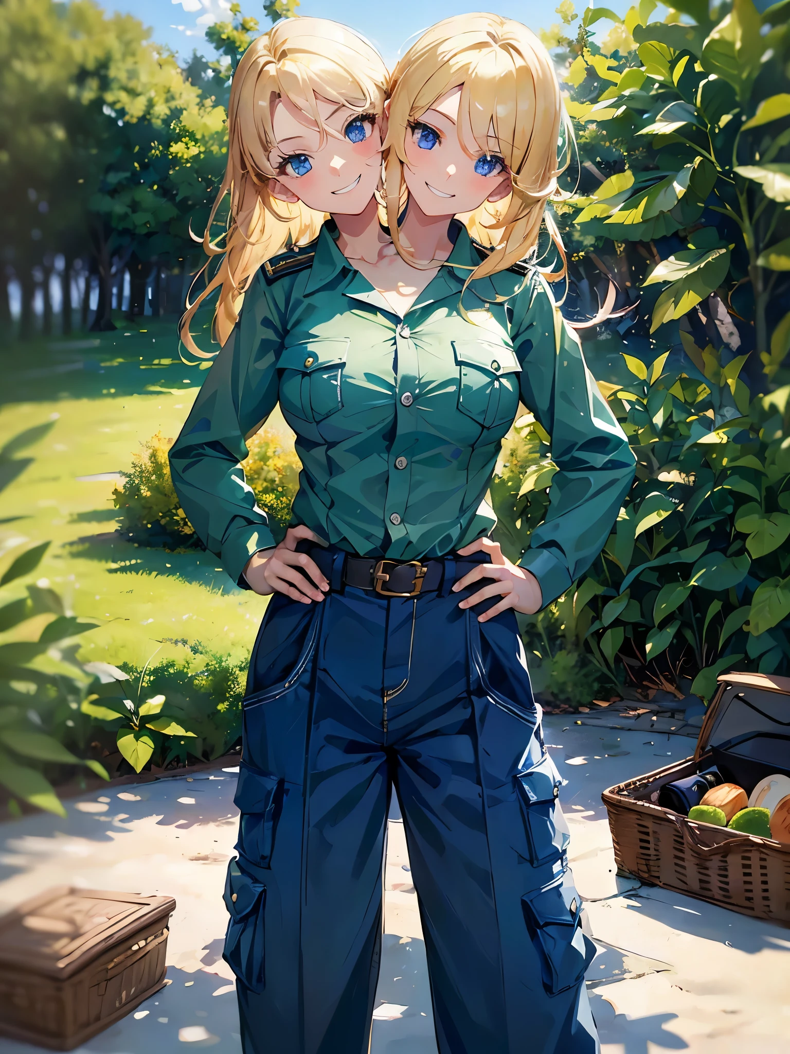 (masterpiece, best quality), best resolution, (2heads:1.5), 1girl, park ranger, blond hair, blue eyes, smiling, relaxed, park ranger uniform, hand on hip, picnic area in a national park, clear day