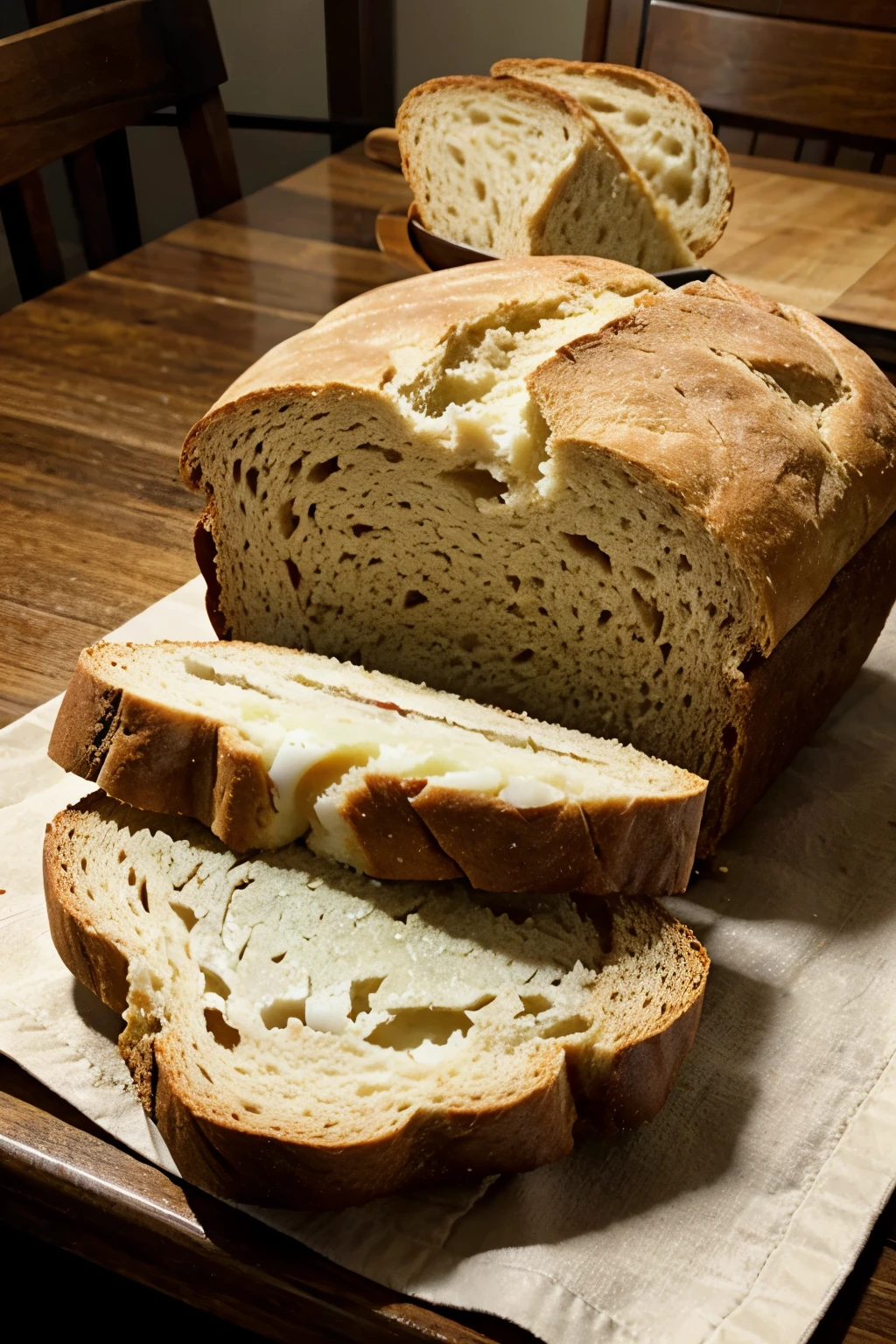 Piece of bread above table