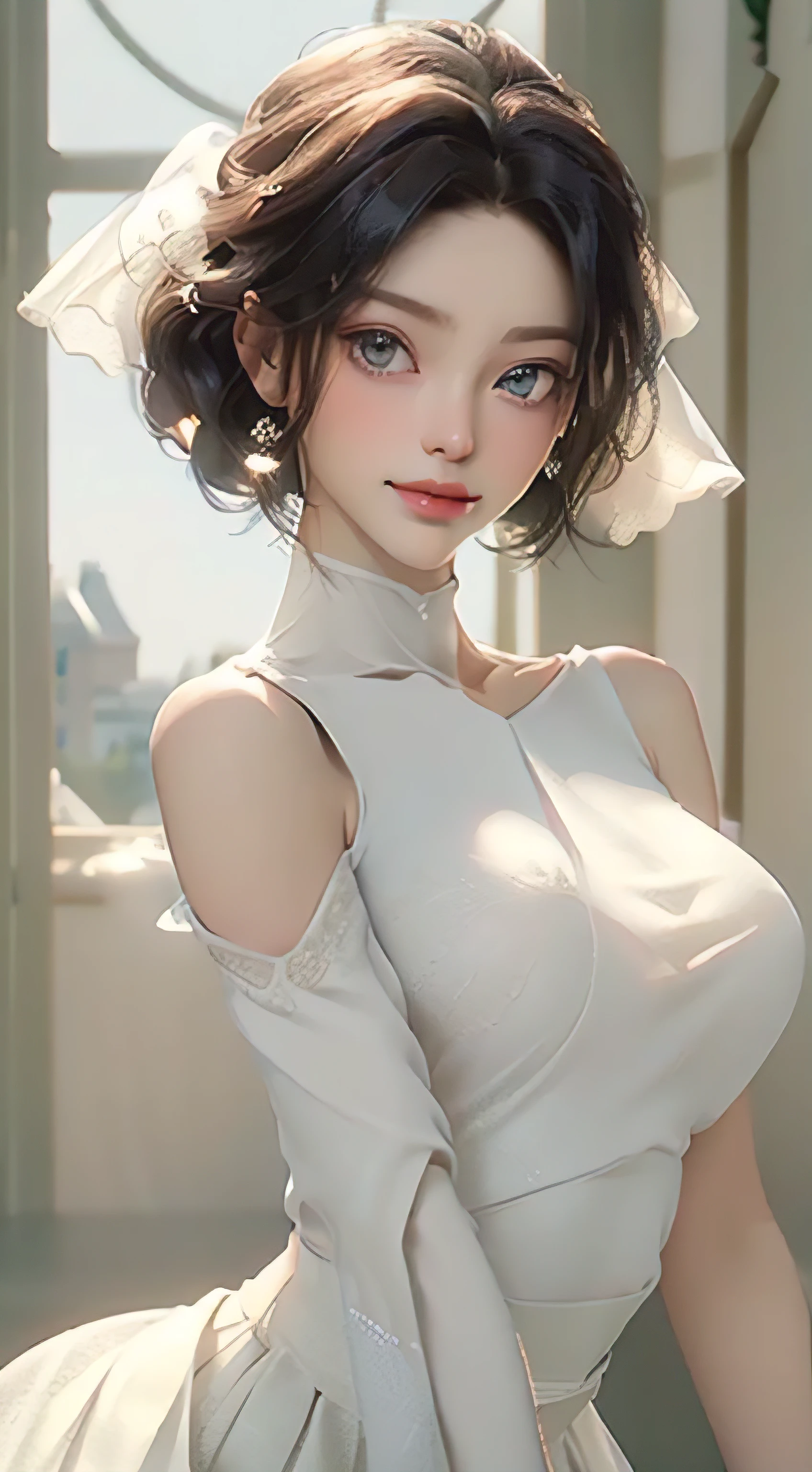 masterpiece, ethereal beauty, ethereal, ultra realistic, woman 38 years, Like a Yael Shelbia, 3d, 3d rendering, porcelain, latex, Best quality, human anatomy, real hair, short hair, asymmetrical cut hair, moving hair, huge breasts, human anatomy, posing for photo, translucent, (ethereal, dreamlike), formidable, 8k wallpaper --auto --s2