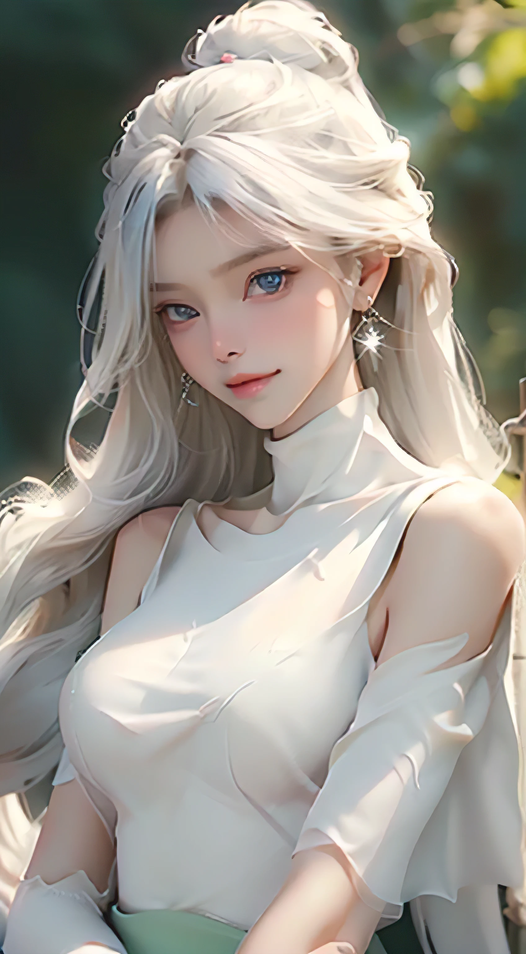 8k, best quality, masterpiece, ultra high resolution, 1 girl, Beautiful Eyes and Face Details, masterpiece, best quality, Upper body, masterpiece, Excellent details, High quality details, Absolutely breathtaking beauty, clavicle, elongated neck, long eyelashes, Sweet-eyed lying silkworm, Dynamic angle problem Extreme image quality, charming smile, glossy lips, skin is hydrated, White translucent, Rich details, bright colors, strong contrast, Soft light effects, clear outline, streamline, charming smile, Bright Eyes, perfect body proportions, thin waist, (Wearing a turtleneck tulle skirt, (Shoulder: 1.3, clavicle, big breasts, Split)),