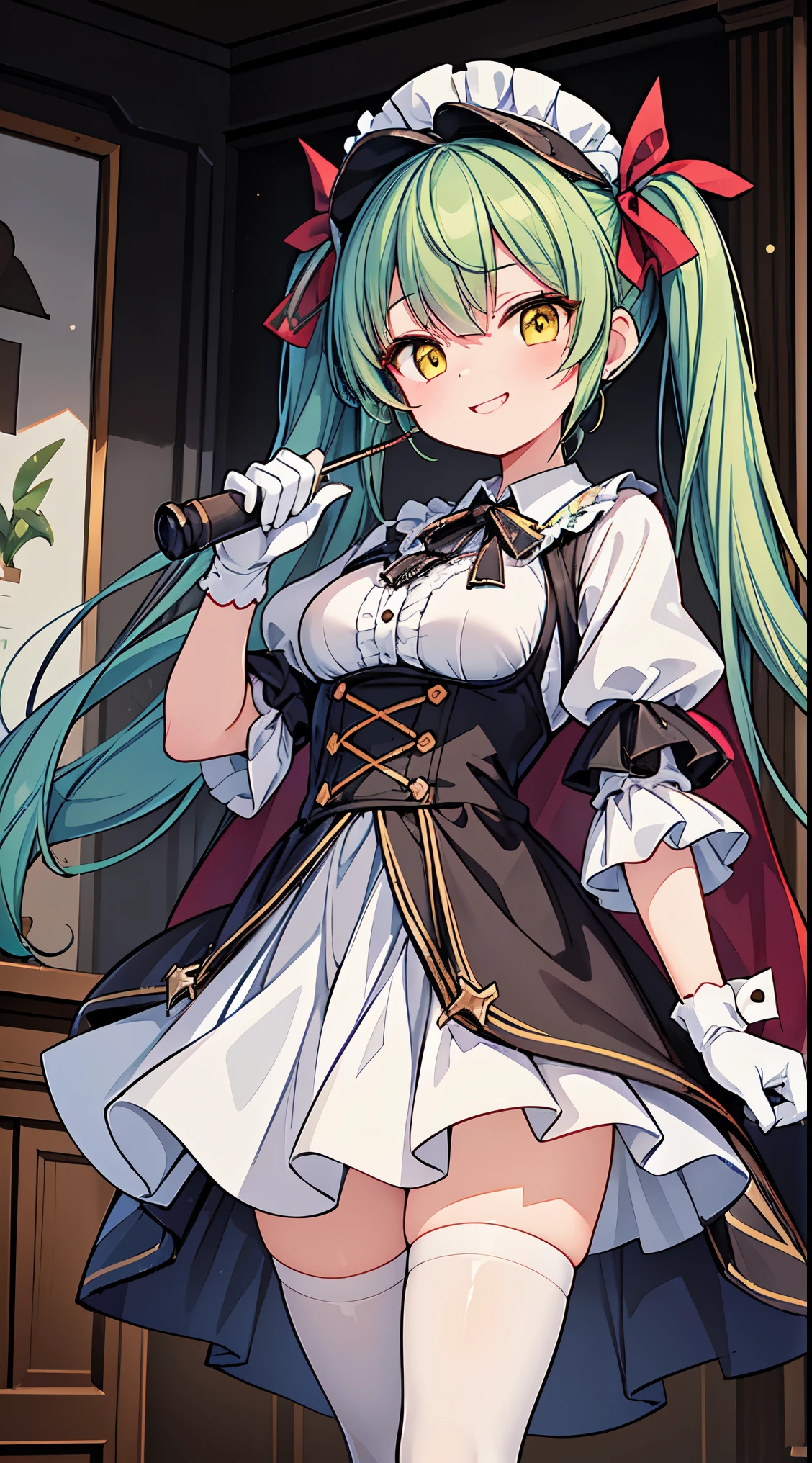 (masterpiece, top quality, best quality, official art, beautiful and aesthetic:1.2),ultra-detailed,intricate details,amazing illustration,award-winning art,atmospheric,
BREAK,
1 beautiful girl, (17 year old girl),alone,(cute:1.5),(Little:0.6),(cute:1.5),(change:0.5),break, :d, (twin tails, green hair, horn, long hair:1.35), (yellow eyes, double, slanted eyes:1.45), blush, double teeth, ((D cup breasts))), heart, sight, maid, /maid dragon/, dragon tail, (long eyelashes, double eyelids, thin eyebrows:1.2), alone, glowing skin, beautiful skin, beautiful skin, (highest quality face), (highest quality slanted eyes), maid outfit, gloves, open your mouth, short sleeve, smile, white gloves,(The best smile,smug face:1.45),
BREAK
//Fashion
Mystery Maven Ensemble,
Start with the iconic deerstalker cap, featuring its distinctive design with side flaps tied up on the top, Choose a patterned fabric that complements the overall look,
BREAK
Layer the outfit with an Inverness coat or a double cape, capturing the vintage detective style, Opt for a fabric that reflects the Victorian era, such as tweed or wool,
BREAK
Wear a high-collared blouse or shirt beneath the coat, adding a touch of Victorian sophistication to the ensemble,
BREAK
Pair the top with tailored trousers or a skirt, keeping the silhouette classic and refined,
BREAK
Complete the look with Victorian-inspired boots, such as lace-up or buttoned styles, to enhance the overall period aesthetic,
BREAK
Carry a magnifying glass, a vintage-style notebook, and a pipe as accessories, emphasizing Sherlock Holmes’s detective persona,
BREAK,wakame,wakame,wakame,(Cowboy Shot:1.4),
BREAK,(Blurry background:1.3),(absurderes, hight resolution, Super Detail Art),cel shading,Clear Color, Lonely optical effect, Beautiful pictures, Bright glow, mystic atmosphere,(Close-up of girl:1.1), Mystical light particle effect,manga influence, clean line drawings,