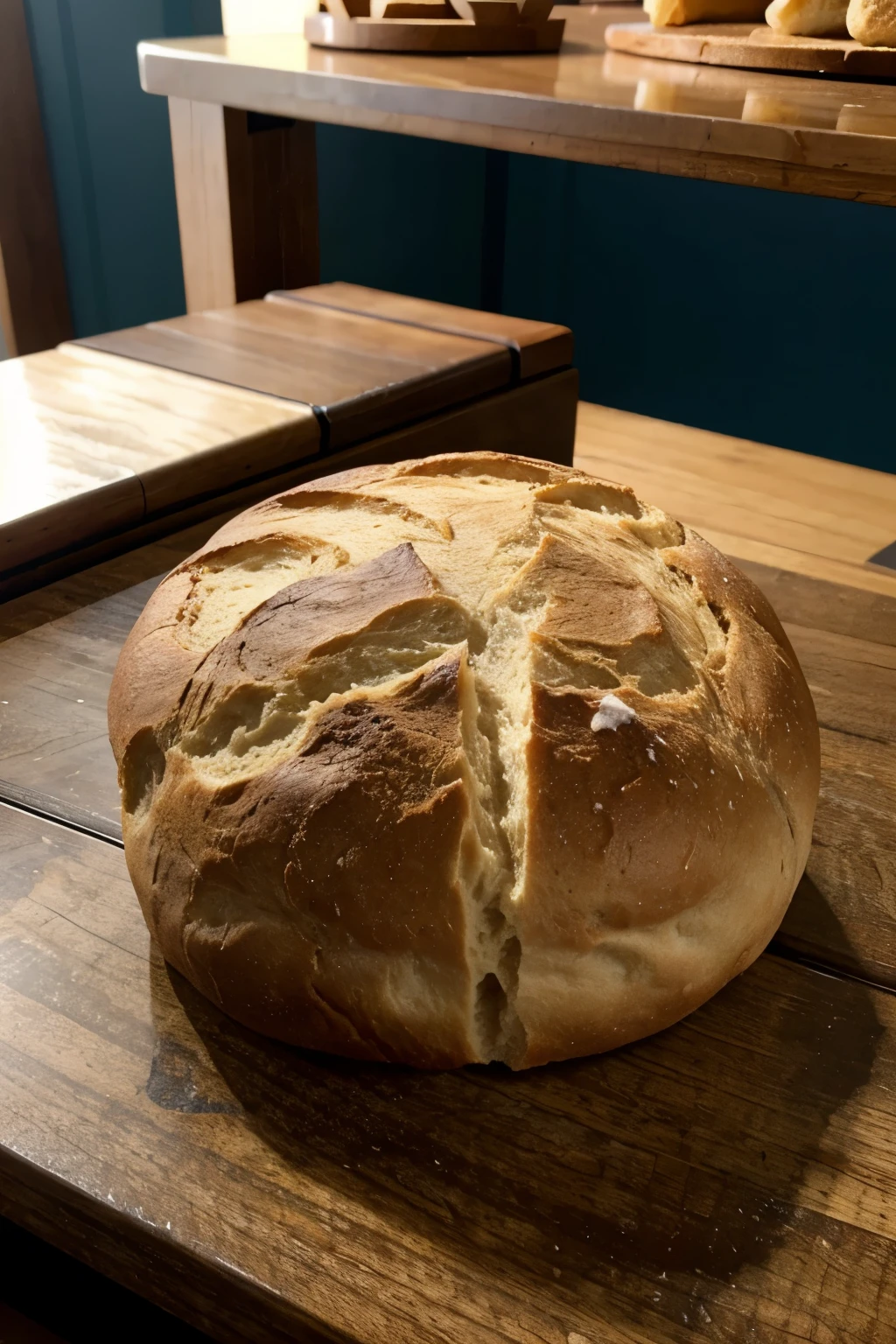 Piece of bread above table 3/4 view