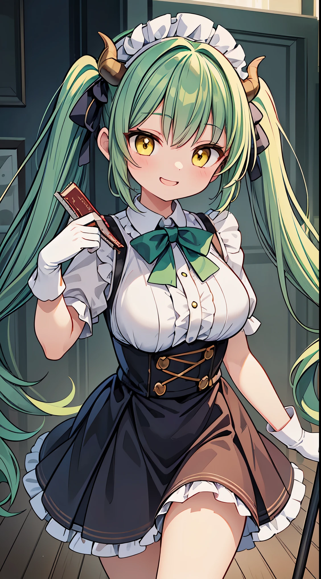 (masterpiece, top quality, best quality, official art, beautiful and aesthetic:1.2),ultra-detailed,intricate details,amazing illustration,award-winning art,atmospheric,
BREAK,
1 beautiful girl, ( girl),alone,(cute:1.5),(Little:0.6),(cute:1.5),(change:0.5),break, :d, (twin tails, green hair, horn, long hair:1.35), (yellow eyes, double, slanted eyes:1.45), blush, double teeth, ((D cup breasts))), heart, sight, maid, /maid dragon/, dragon tail, (long eyelashes, double eyelids, thin eyebrows:1.2), alone, glowing skin, beautiful skin, beautiful skin, (highest quality face), (highest quality slanted eyes), maid outfit, gloves, open your mouth, short sleeve, smile, white gloves,(The best smile,smug face:1.45),
BREAK
//Fashion
Mystery Maven Ensemble,
Start with the iconic deerstalker cap, featuring its distinctive design with side flaps tied up on the top, Choose a patterned fabric that complements the overall look,
BREAK
Layer the outfit with an Inverness coat or a double cape, capturing the vintage detective style, Opt for a fabric that reflects the Victorian era, such as tweed or wool,
BREAK
Wear a high-collared blouse or shirt beneath the coat, adding a touch of Victorian sophistication to the ensemble,
BREAK
Pair the top with tailored trousers or a skirt, keeping the silhouette classic and refined,
BREAK
Complete the look with Victorian-inspired boots, such as lace-up or buttoned styles, to enhance the overall period aesthetic,
BREAK
Carry a magnifying glass, a vintage-style notebook, and a pipe as accessories, emphasizing Sherlock Holmes’s detective persona,
BREAK,wakame,wakame,wakame,(Cowboy Shot:1.4),
BREAK,(Blurry background:1.3),(absurderes, hight resolution, Super Detail Art),cel shading,Clear Color, Lonely optical effect, Beautiful pictures, Bright glow, mystic atmosphere,(Close-up of girl:1.1), Mystical light particle effect,manga influence, clean line drawings,