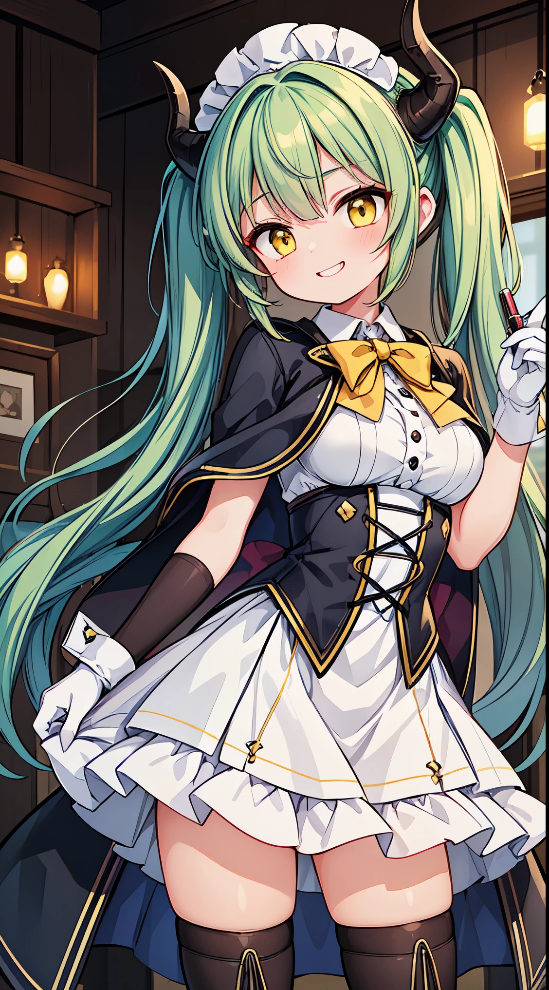 (masterpiece, top quality, best quality, official art, beautiful and aesthetic:1.2),ultra-detailed,intricate details,amazing illustration,award-winning art,atmospheric, 
BREAK, 


1 beautiful girl, (17 year old girl),alone,(cute:1.5),(Little:0.6),(cute:1.5),(change:0.5),break, :d, (twin tails, green hair, horn, long hair:1.35), (yellow eyes, double, slanted eyes:1.45), blush, double teeth, ((D cup breasts))), heart, sight, maid, /maid dragon/, dragon tail, (long eyelashes, double eyelids, thin eyebrows:1.2), alone, glowing skin, beautiful skin, beautiful skin, (highest quality face), (highest quality slanted eyes), maid outfit, gloves, open your mouth, short sleeve, smile, white gloves,(The best smile,smug face:1.45), 
BREAK
//Fashion
Mystery Maven Ensemble,
Start with the iconic deerstalker cap, featuring its distinctive design with side flaps tied up on the top, Choose a patterned fabric that complements the overall look,
BREAK
Layer the outfit with an Inverness coat or a double cape, capturing the vintage detective style, Opt for a fabric that reflects the Victorian era, such as tweed or wool,
BREAK
Wear a high-collared blouse or shirt beneath the coat, adding a touch of Victorian sophistication to the ensemble,
BREAK
Pair the top with tailored trousers or a skirt, keeping the silhouette classic and refined,
BREAK
Complete the look with Victorian-inspired boots, such as lace-up or buttoned styles, to enhance the overall period aesthetic,
BREAK
Carry a magnifying glass, a vintage-style notebook, and a pipe as accessories, emphasizing Sherlock Holmes’s detective persona,

BREAK,wakame,wakame,wakame,(Cowboy Shot:1.4),

BREAK,(Blurry background:1.3),(absurderes, hight resolution, Super Detail Art),cel shading,Clear Color, Lonely optical effect, Beautiful pictures, Bright glow, mystic atmosphere,(Close-up of girl:1.1), Mystical light particle effect,manga influence, clean line drawings,