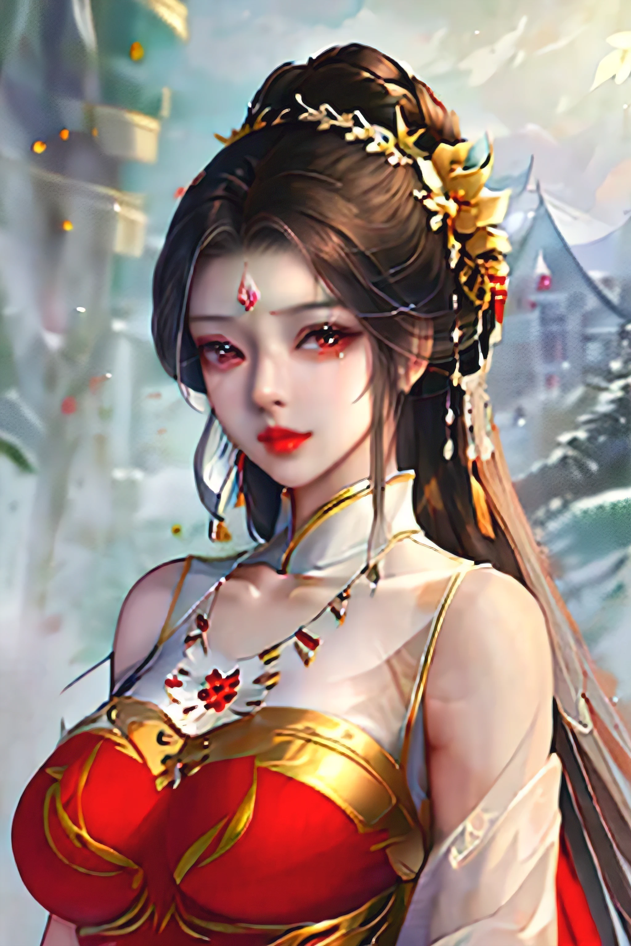 1 girl,,Robbery girls,big breasts,cheongsam,Chinese clothes,hair flower,(masterpiece:1.4),(best quality:1.4),(shiny skin),red lips,looking at the audience,big breasts,open lips 