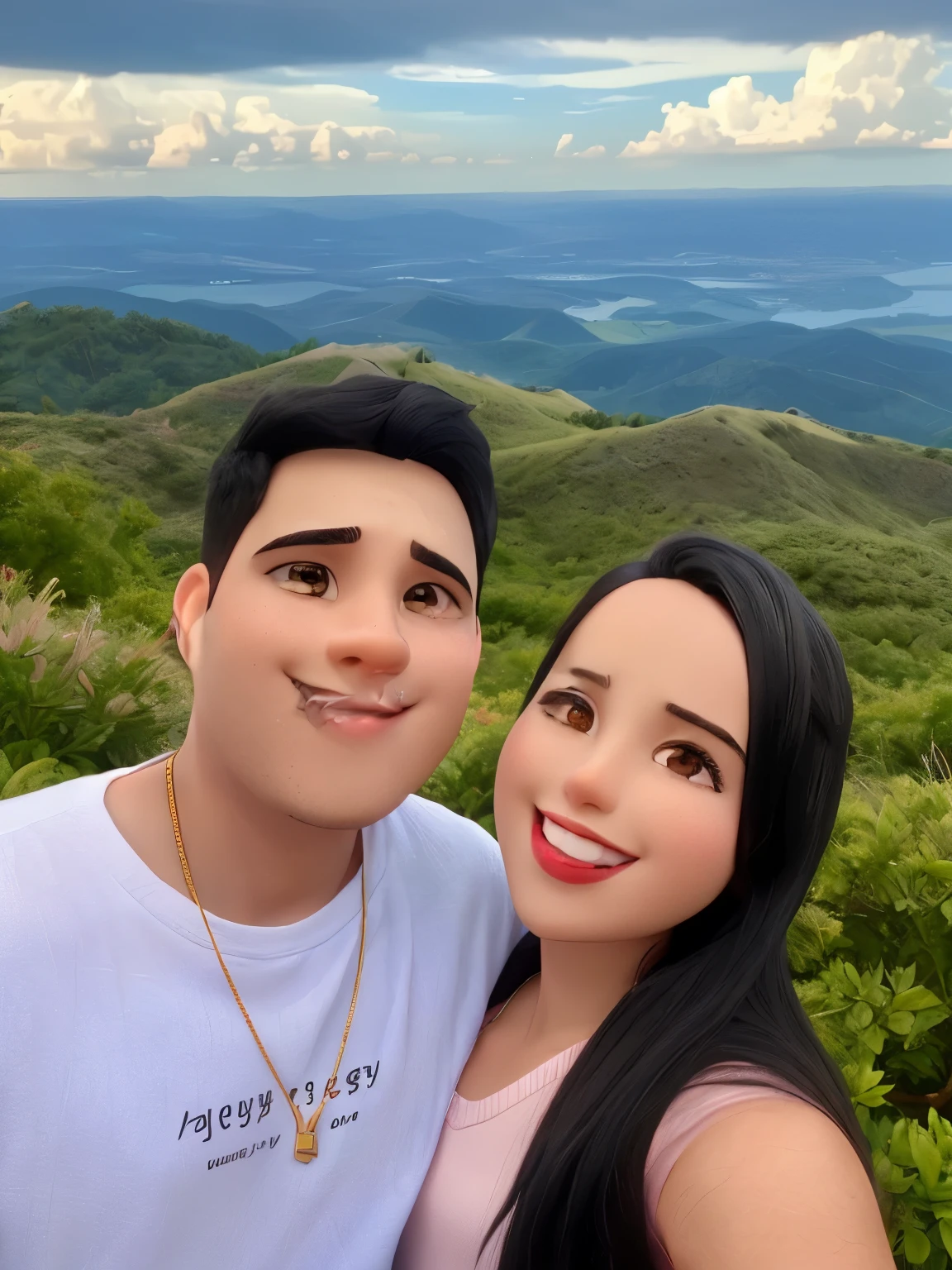 happy young couple, boy in white shirt, black hair and gold chain, girl with black hair, red lipstick and light pink blouse