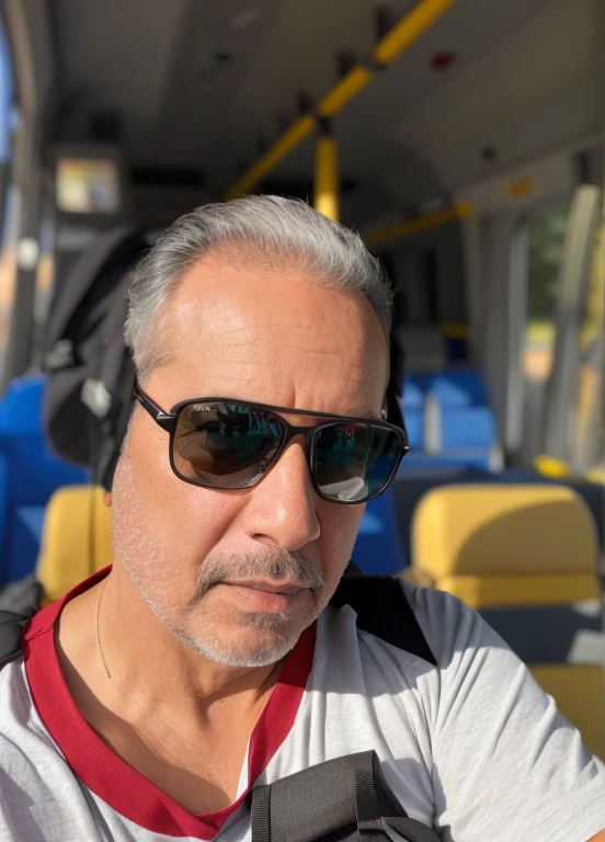 sharp man wearing sunglasses and a backpack on a bus, tirado no iphone 1 3 pro, ele tem cerca de 60 anos, ele tem cerca de 6 0 anos, Tiro no iPhone 1 3 Pro, Tiro no iPhone 1 3 Pro max, ele tem cerca de 50 anos, ele tem cerca de 5 0 anos, tirada no iphone 14 pro