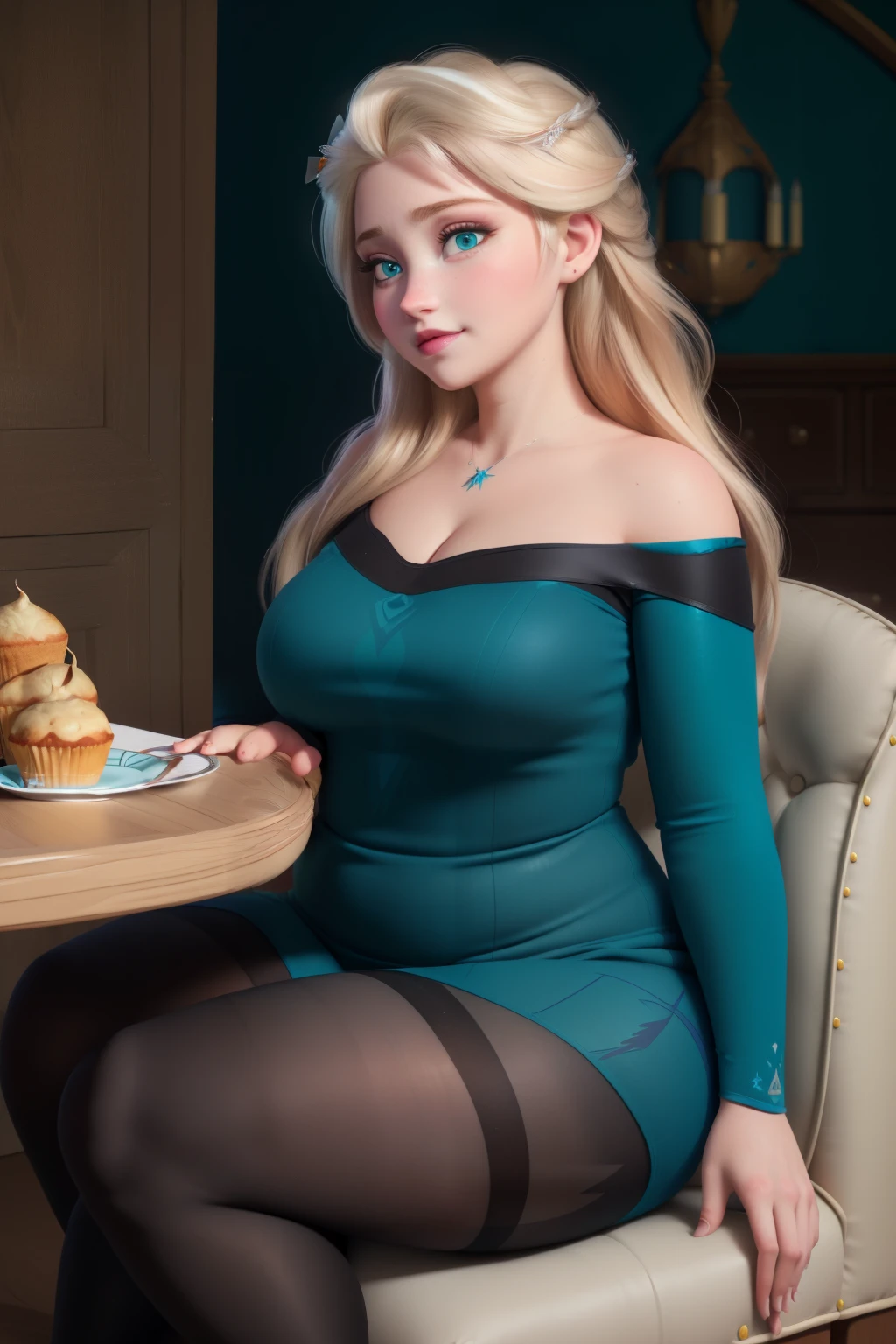 masterpiece, (photorealistic), (8k wallpaper) , (best quality), perfect quality, solo, (detailed eyes), girl, Elsa, blonde hair, very beautiful, (side view), young, pose: ((side view), sitting on chair, looking forward), face : (Elsa, small smile, young, very beautiful face, plump face, round face, double chin, plump cheeks, small smile, very beautiful, cute face, young, big eyes) , figure: ( very full body, very full figure, very thicc, very thick, very chubby, very chubby belly, chubby belly bottom, big deep navel, very soft, very curvy, love handles, fat rolls, belly rolls, overhanging belly, sexy curves, wide hips, sexy, muffin top, very thick thighs, thunder thighs) , clothes : (tight teal dress, black tights)