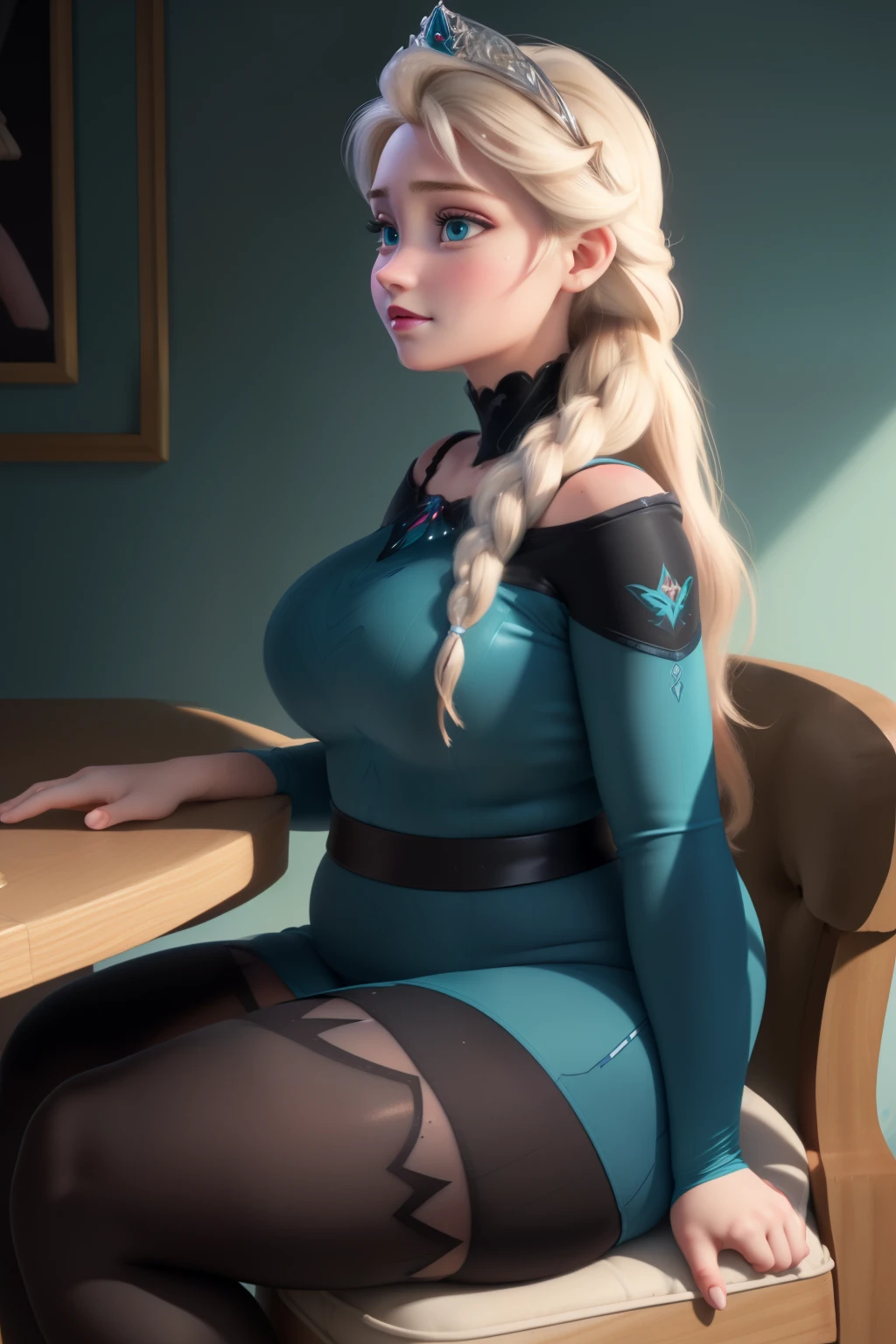 masterpiece, (photorealistic), (8k wallpaper) , (best quality), perfect quality, solo, (detailed eyes), girl, Elsa, blonde hair, very beautiful, (side view), young, pose: ((side view), sitting on chair,  looking forward), face : (Elsa, small smile, young, very beautiful face, plump face, round face, double chin, plump cheeks, small smile, very beautiful, cute face, young, big eyes) , figure: ( very full body, very full figure, very thicc, very thick, very chubby, very chubby belly, chubby belly bottom, big deep navel, very soft, very curvy, love handles, fat rolls, belly rolls, overhanging belly, sexy curves, wide hips, sexy, muffin top, very thick thighs, thunder thighs) , clothes : (tight  teal dress, black tights)