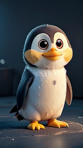 A baby penguin standing in front of its food .make the penguin golden colour .