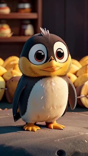 A baby penguin standing in front of its food .make the penguin golden colour .