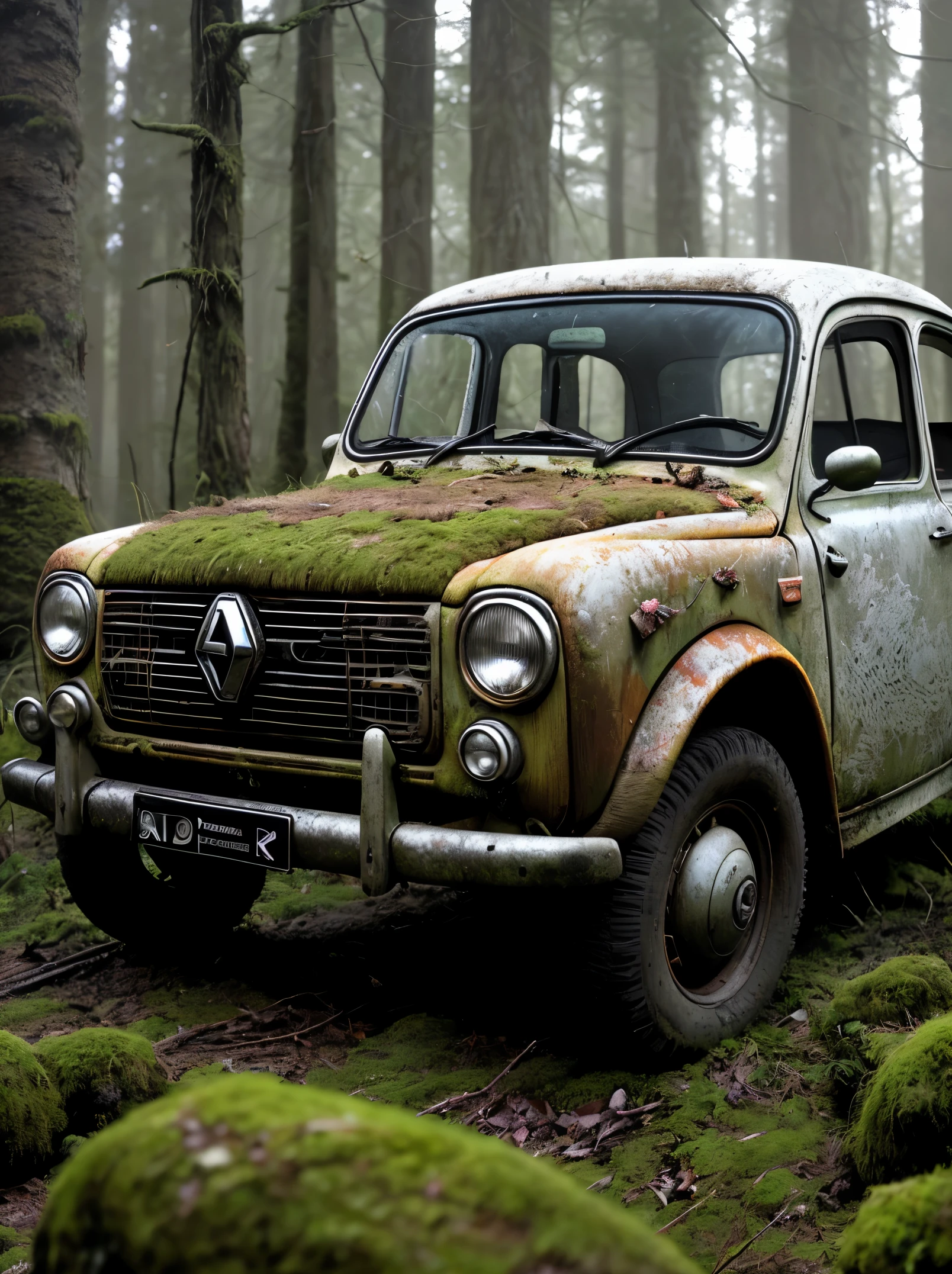 A haunting image of a decaying grey Renault 4L, its partially decayed remains covered in moss and lichen. The large, twisted, leaf-shaped structures beneath the insect resemble twisted rope, and the surrounding forest is bathed in a warm, golden light. The sun casts a warm glow on the scene, illuminating the decaying leaves, highlighting the vivid color and texture of the decaying wood. fast shutter speed, wide aperture, low light