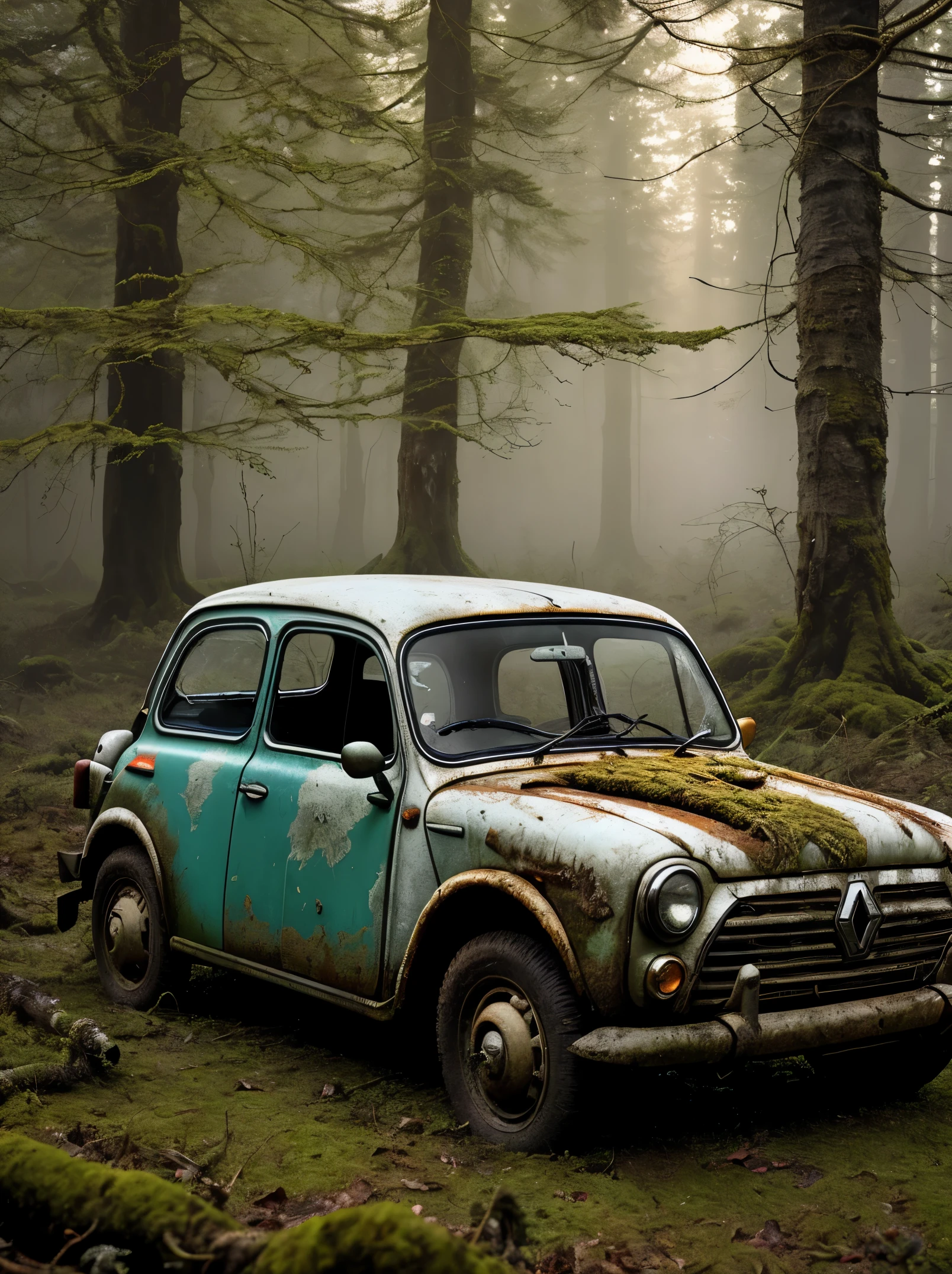 A haunting image of a decaying grey Renault 4L, its partially decayed remains covered in moss and lichen. The large, twisted, leaf-shaped structures beneath the insect resemble twisted rope, and the surrounding forest is bathed in a warm, golden light. The sun casts a warm glow on the scene, illuminating the decaying leaves, highlighting the vivid color and texture of the decaying wood. fast shutter speed, wide aperture, low light