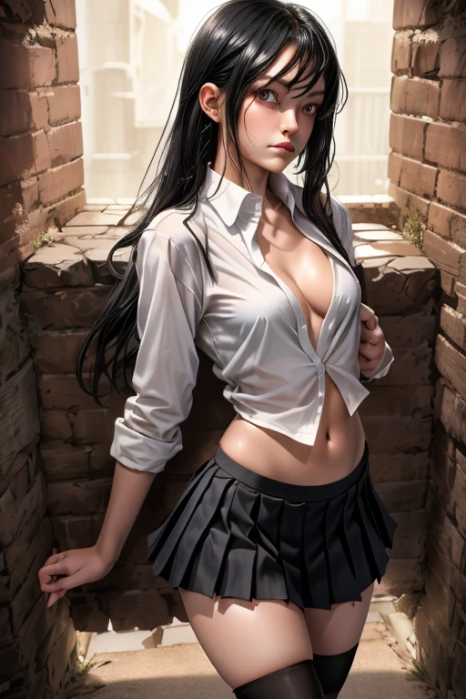 (full figure:1.1), (1 girl as yukino yukinoshita:1.5), highres, solo, (very small breasts:1.5), waist long black hair, (twintails:0.5), (pleated school miniskirt:1.5), (black knee-high socks:1.5), (loose red ribbon:1.2), (cotton skirt:1.5), (unbuttoned white shirt:1.4), (ahegao:1.5), green eyes, (rolling eyes:1.5), (naked breasts:1.5), spread legs, (standing:1.1), legs wide open, (in a dungeon:1.2), legspread, breastapart, no panties, perfect body, perfect legs, (plump body:1.1), fucked silly, cross-eyed