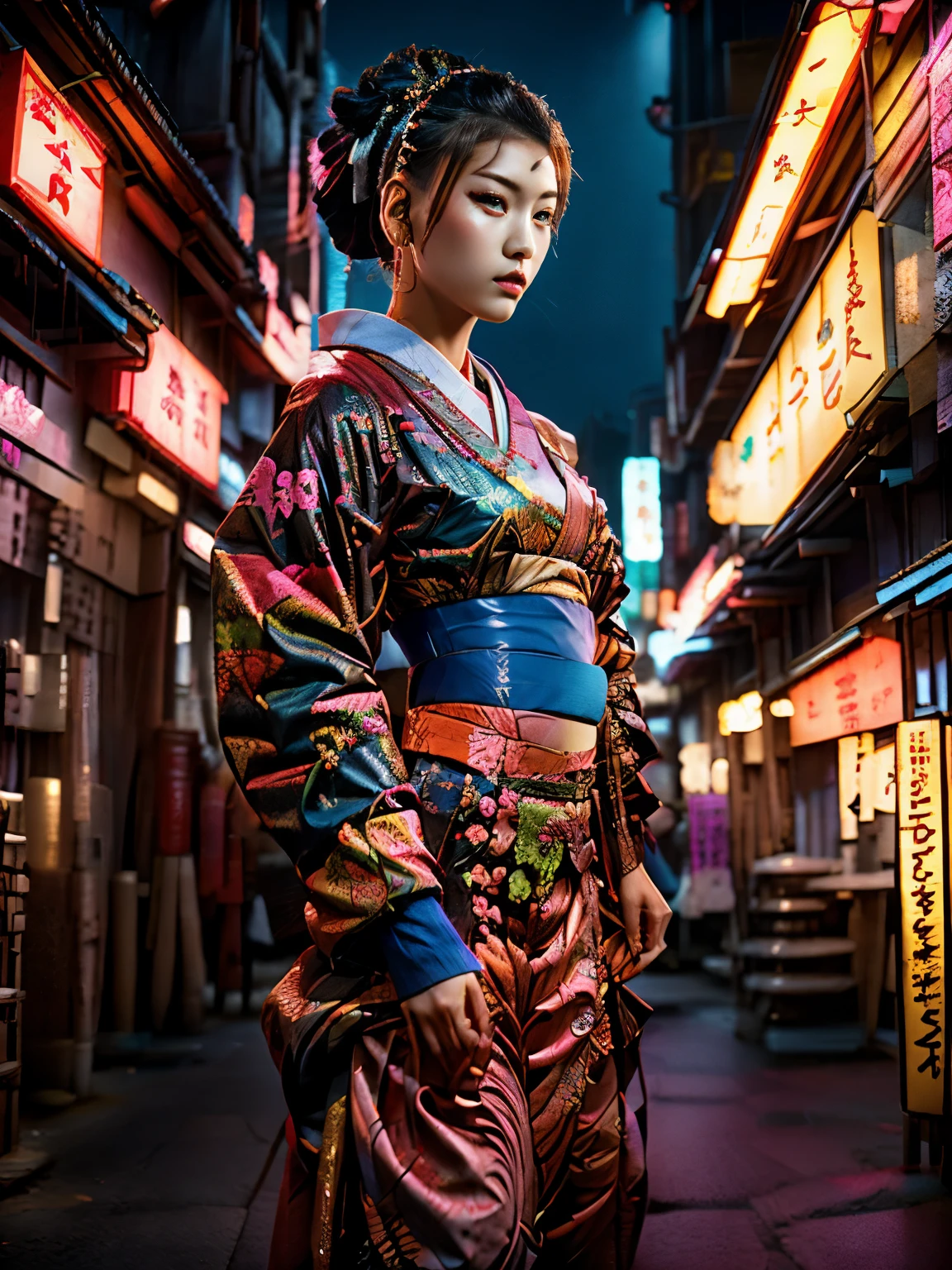 Traditional Japanese dress, estilo katsushika hokusai, (Ciberpunk) (Neon)