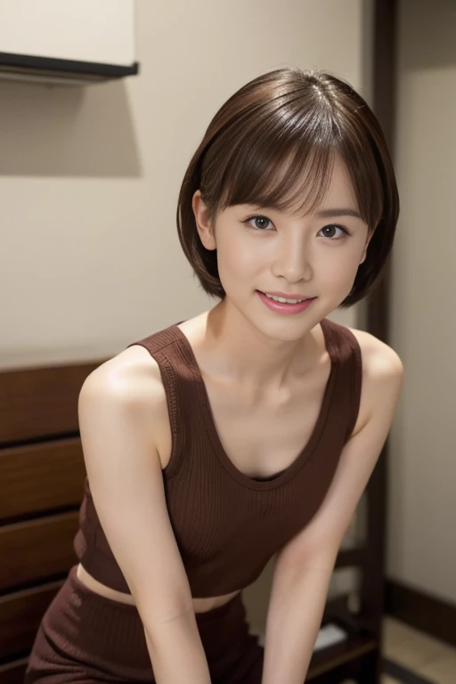 (Masseter muscle part:1.3)、(In 8K、Photoreal、Raw photo、highest quality: 1.4)、(1 girl)、beautiful face、(lifelike face)、(brown hair、short hair:1.1)、beautiful hairstyle、realistic eyes、beautiful details、（skin that looks real）、beautiful skin、knit、small breasts、navel、attractive、Super high resolution、surreal、high detail、golden ratio、Around 10 years old、leaning forward、I can see your chest、Sexy、raise a hand、show your armpits、 show your shorts