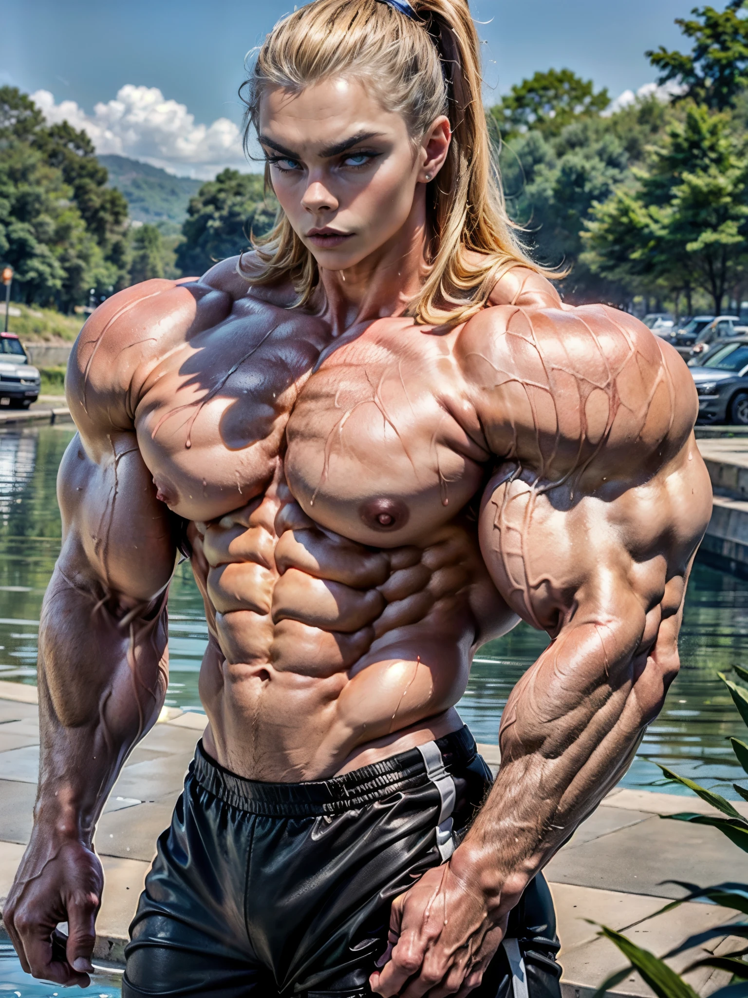 (1 girl), (cara delevingne:1.25), (wet and naked:1.25), Beautiful woman on the beach, (extreme muscular definition:1.5), (swollen pecs:1.4), (huge muscular arms:1.5,) (10-pack abs:1.4), (lots of veins:1.25), long hair, Realistic, Very detailed face and eyes, masterpiece