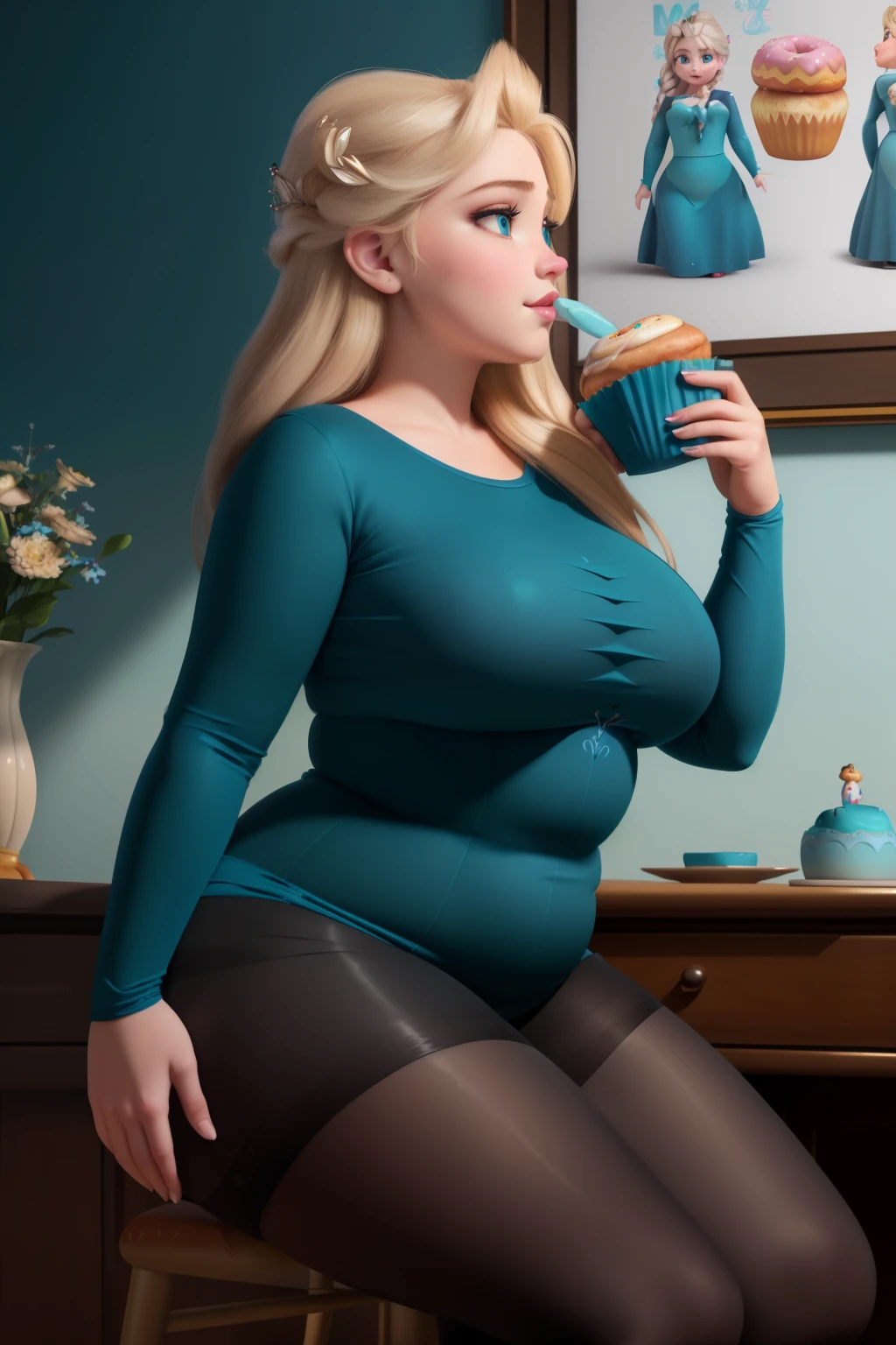 masterpiece, (photorealistic), (8k wallpaper) , (best quality), perfect quality, solo, (detailed eyes), girl, Elsa, eating donut, blonde hair, very beautiful, (side view), young, pose: ((side view), sitting on chair, donut in arm, looking forward), face : (Elsa, small smile, young, very beautiful face, plump face, round face, double chin, plump cheeks, small smile, very beautiful, cute face, young, big eyes) , figure: ( very full body, very full figure, very thicc, very thick, very chubby, very chubby belly, chubby belly bottom, big deep navel, very soft, very curvy, love handles, fat rolls, belly rolls, overhanging belly, sexy curves, wide hips, sexy, muffin top, very thick thighs, thunder thighs) , clothes : (tight teal dress, black tights)