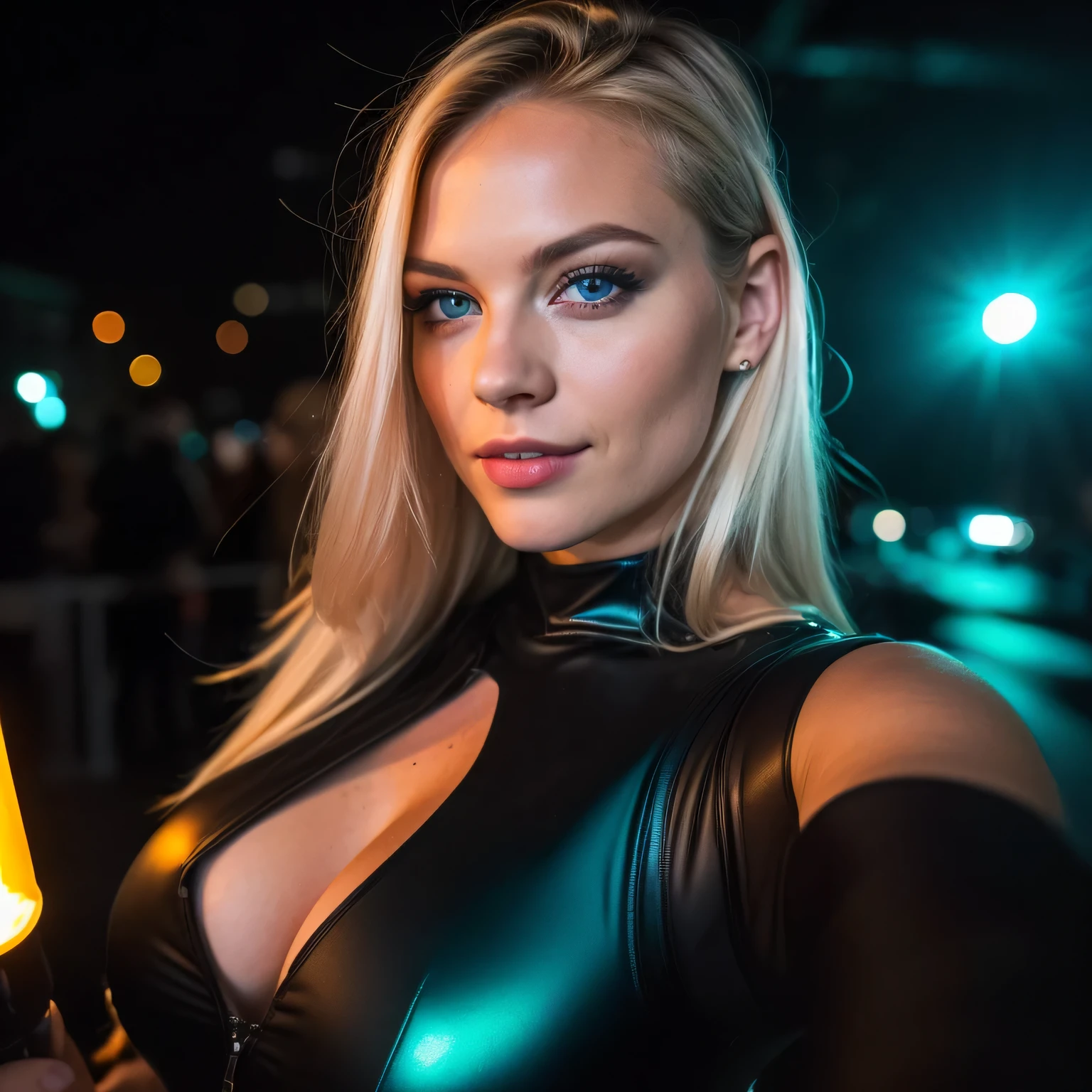 (Selfie, Draufsicht: 1.4), (straight half of the body: 1.4), RAW UHD portrait photo of a 24-year-old blonde (Blue-eyed woman) is in the discothek , dicothek techno party, (Rock), (Ausschnitt), Details (Gewebe! , Haar! , Glitzer, Farbe!! , Benachteiligungen: 1.1), shiny eyes with high level of detail (Blick in die Kamera), SLR-Beleuchtung, Spiegelreflexkamera, ultra quality, Sharpness, Depth of field, Filmkorn (Mitte), Fujifilm XT3, kristallklar, Rahmenmitte, Beautiful face, Scharfer Fokus, Streetlight, Neonbeleuchtung, bokeh (schwach beleuchtet), Nacht, (Nachthimmel), Detaillierte Hautporen, Oily skin, Sonnenbrand, Komplexe AugenDetails, full entire body, big boobs, background is a techno party