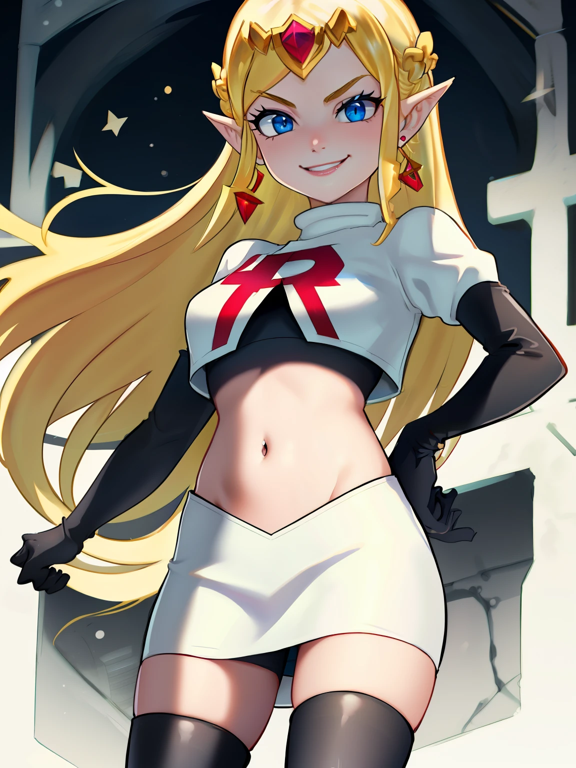 toon zelda, 1girl, solo, long hair, smile, blonde hair, blue eyes ,gloves, jewelry, pointy ears,  glossy lips, earings ,team rocket uniform, red letter R, white skirt,white crop top,black thigh-high boots, black elbow gloves, evil smile, looking at viewer, cowboy shot,