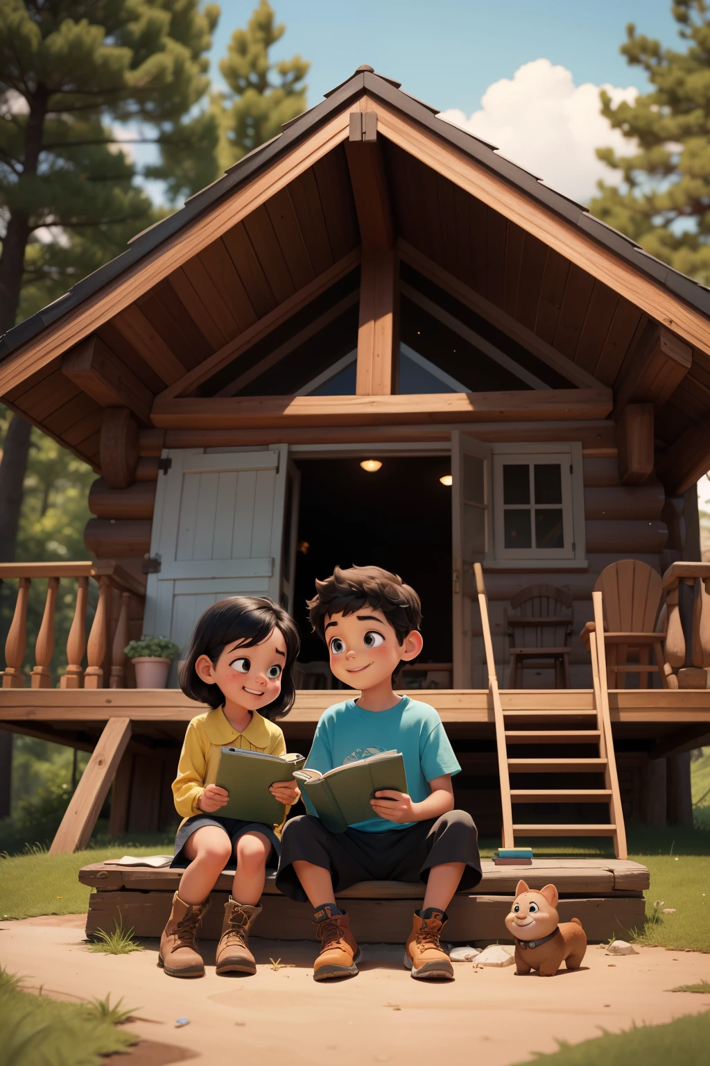 The Journey of the Little Explorers in Pixar style: a happy brown-skinned boy sitting on the floor, wearing a yellow blouse, black shorts, blue hiking boots. Next to the boy sits a happy girl with dark skin and long black hair, with a black-covered book open in her hands as she and the boy look at the book to read the stories. The two children are on the porch of a cabin in the woods.