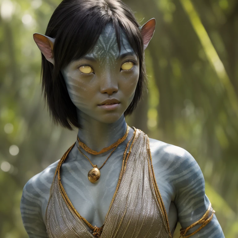 avtr:0.9, avatar style, portrait photo:1.6, 1girl:1, female, (asian, japanese), Rina Fukushi:1, gray skin color:1.0, (gray skin tone:1.3), shirome, (short hair:1.0), black hair color, (teen), teenage, wearing tribal clothing, wearing a top:1.3, wearing a loincloth, detailed eyes, toned body, muscled body, glowing, ethereal atmosphere, natural lighting, textured skin, otherworldly beauty, mesmerizing photography, (best quality, highres), vivid colors, ultrarealistic, skin details, striped skin, sfw, face close-up, (eyebrowless:1.0), ultradetailed body