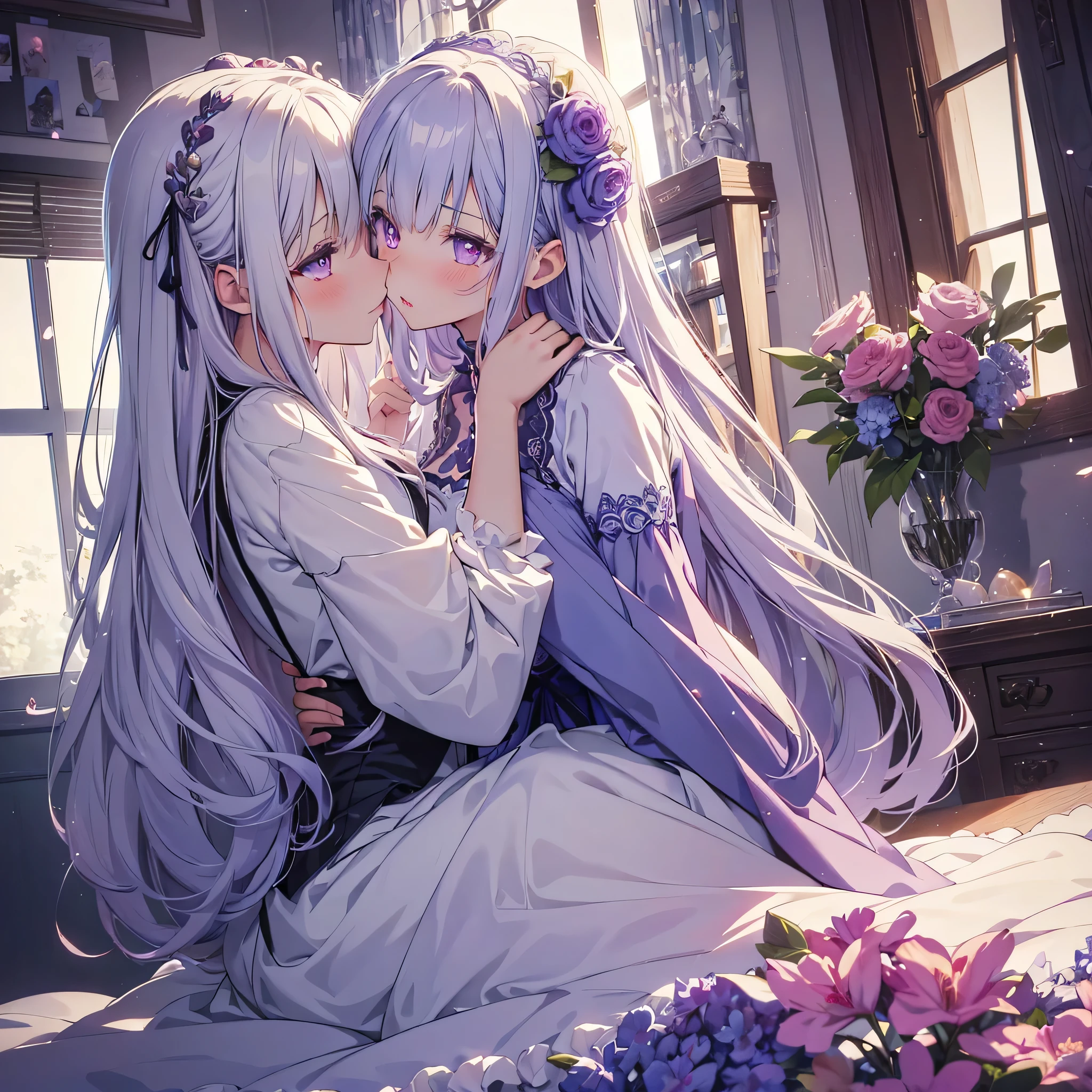 NSFW, Anime - style image of two women in a room with a window, kiss together cutely, kiss together, Kissing each other, lovely kiss, (deep kiss), (open your mouth to each other), (tongue), (intertwine each other's tongues), small details. two beautiful anime girls, gray hair, purple eyes, shining eyes, cute, cute, digital art, finelyed eyes, embarrassed look, long hair, blush, (highly detailed 8k wallpaper), highest resolution, very long hair, masterpiece, highest quality ,masterpiece, figure, very delicate and beautiful, very detailed ,cg ,unity ,8k wallpaper, wonderful, finely, huge file size, super detailed, High resolution, very detailed, beautiful detailed girl, very detailed eyes and face, beautiful and fine eyes,
