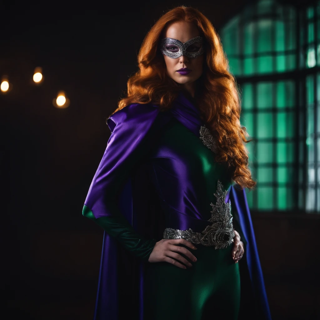 A woman with long ginger hair, wearing a purple catsuit, boots, with silver belt, lurew cape, mask on eyes, green eyes, hands on her hips, in dark background, color photo.