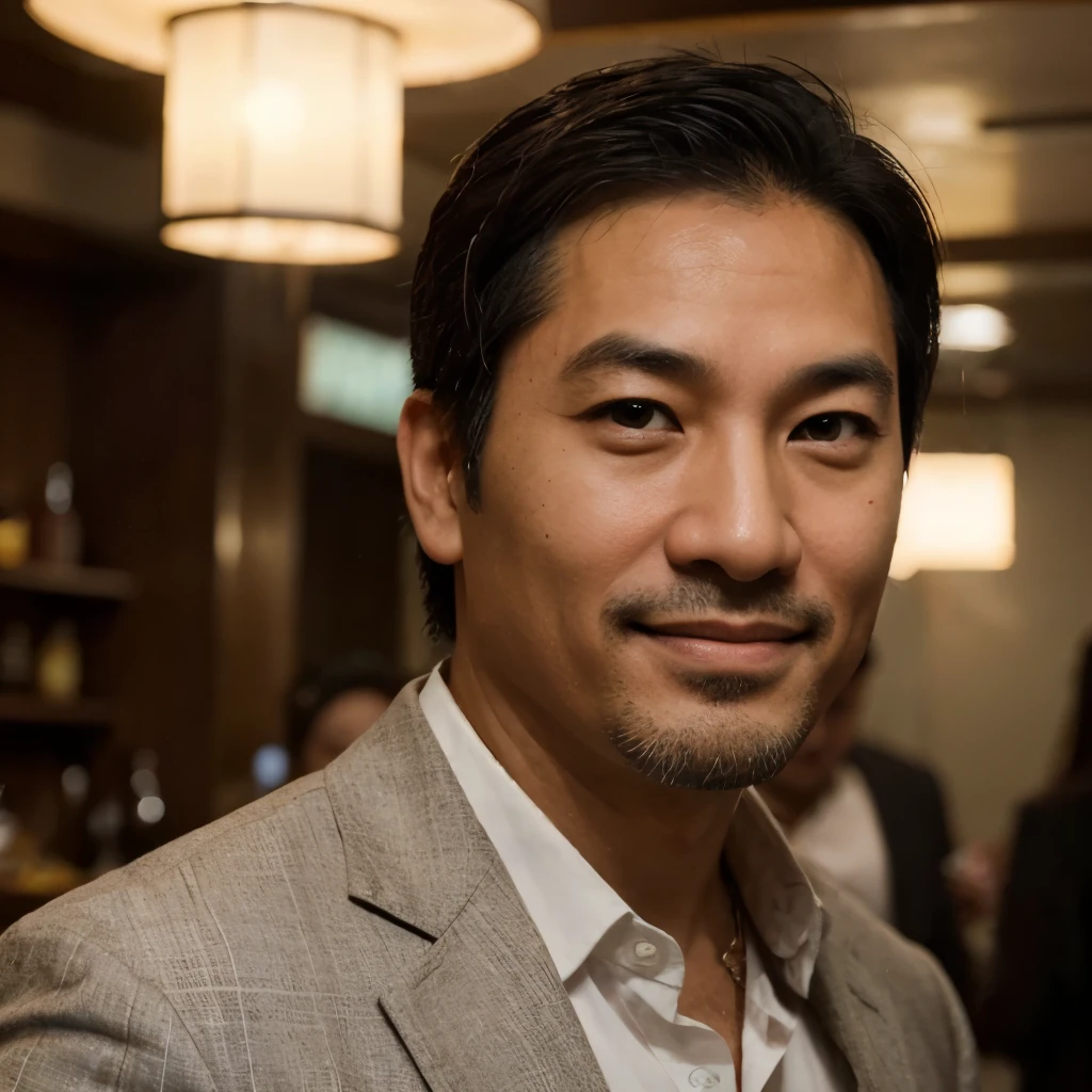 A captivating portrait of a 43-year-old Asian man exuding charm. Highlight his charisma through confident and engaging facial expressions, emphasizing a warm and inviting gaze. Enhance the features that contribute to his allure, such as a well-groomed beard, expressive eyes, and a friendly smile. Use lighting and composition to add a touch of sophistication, ensuring the portrayal exudes both personality and charm in a visually appealing manner.