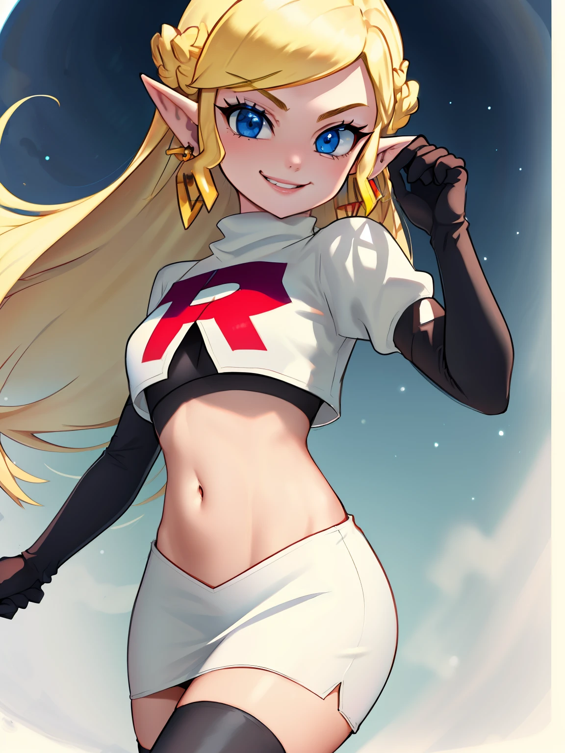 toon zelda, 1girl, solo, long hair, smile, blonde hair, blue eyes ,gloves, jewelry, pointy ears,  glossy lips, earings ,team rocket uniform, red letter R, white skirt,white crop top,black thigh-high boots, black elbow gloves, evil smile, looking at viewer, cowboy shot,