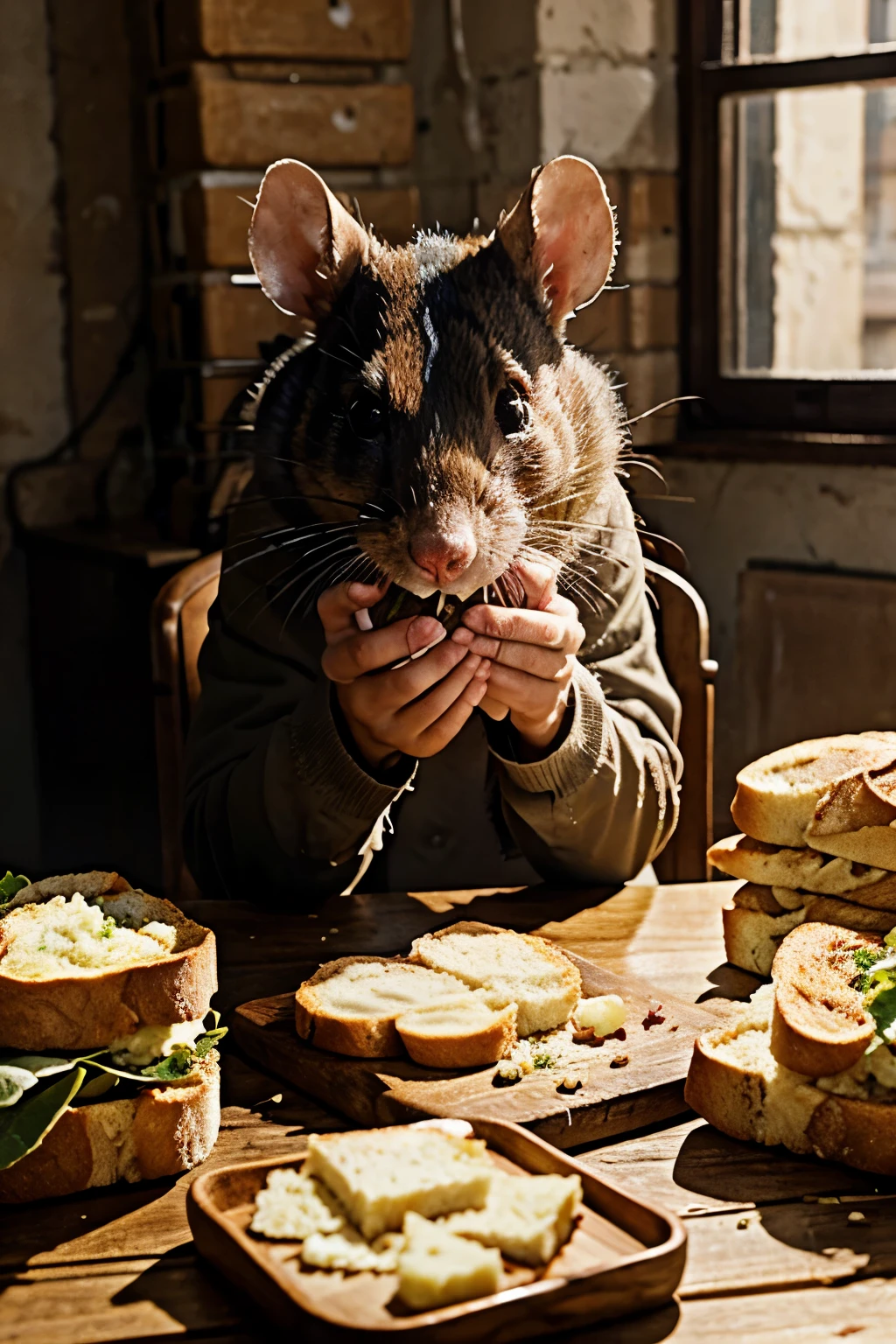 rata realista comiendo paz de pan sobre la mesa con las manos