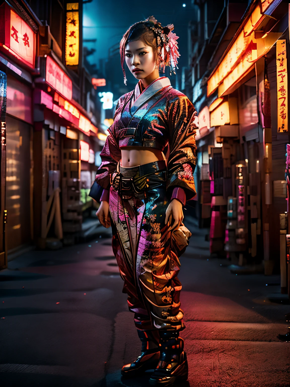 Japanese cyberpunk high fashion of Oiran kimono cool girl, kimono punk, cyberpunk, pink and blue neon color, full body standing, (Dynamic light and shadow, High resolution, Sharp focus, Depth of written boundary), against bright pink background