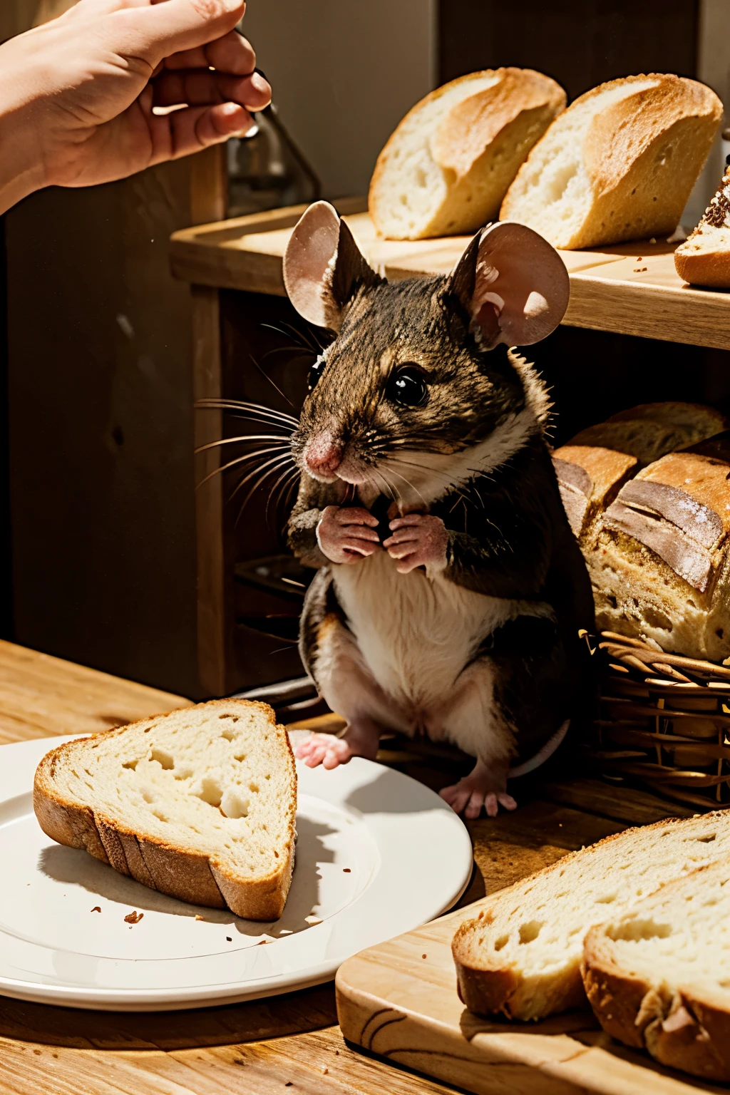 MOUSE EATING BREAD WITH HANDS