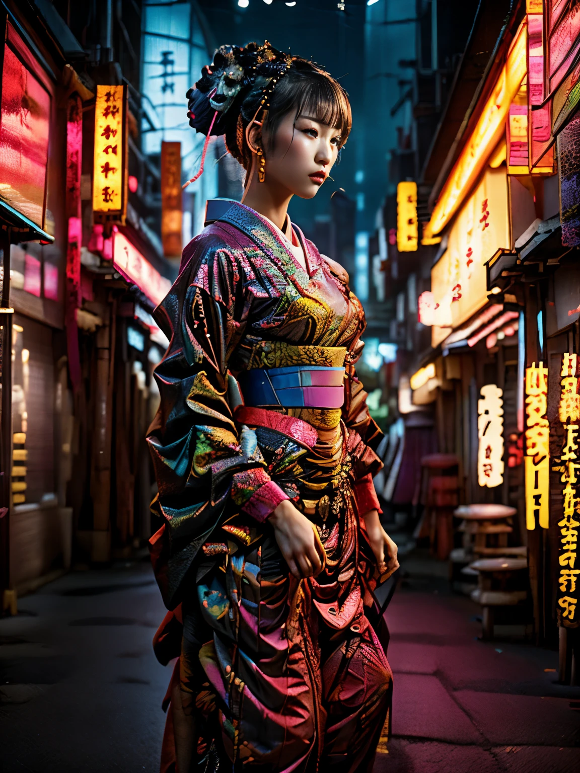 Traditional Japanese dress, estilo katsushika hokusai, (Ciberpunk) (Neon)