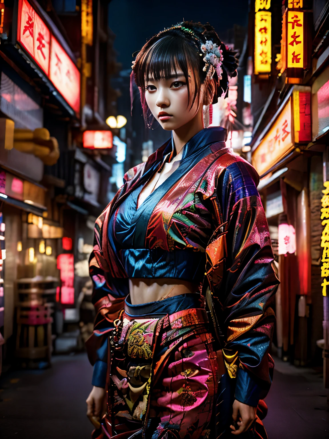 Traditional Japanese dress, estilo katsushika hokusai, (Ciberpunk) (Neon)