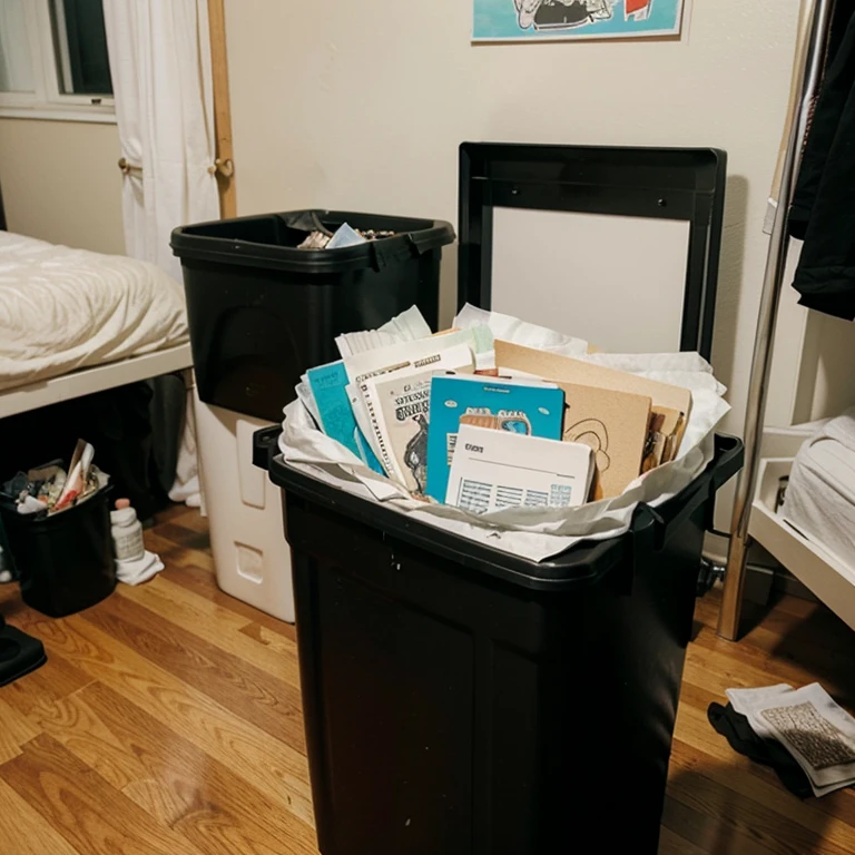 A small black dorm trashcan inside someone’s bedroom showing a bunch of crumpled thrown away drawings of a girl filling up the trashcan. The shot is looking into the trashcan slightly.