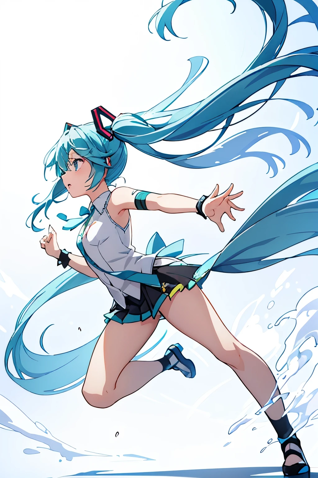 Dagger scattering pose, whole body, Hatsune Miku's pose with a dagger on her finger, strong wind blowing effect, dynamic posture, white background, flying dagger, half side view, fluttering hair, martial arts, anime, illustration, 포케미쿠 비행타입, 단검을 날리는 미쿠가 전신을 드러낸 모습, 배경 없음 