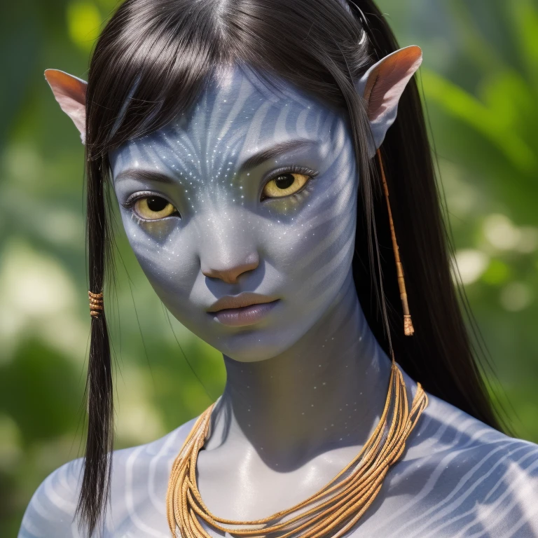 avtr:0.9, avatar style, portrait photo:1.6, 1girl:1, female, (asian, japanese), Rina Fukushi:1, gray skin color:1.0, (gray skin tone:1.3), (short hair:1.0), black hair color, (), teenage, wearing tribal clothing, wearing a top:1.3, wearing a loincloth, detailed eyes, toned body, muscled body, glowing, ethereal atmosphere, natural lighting, textured skin, otherworldly beauty, mesmerizing photography, (best quality, highres), vivid colors, ultrarealistic, skin details, striped skin, sfw, face close-up, (eyebrowless:1.0), ultradetailed body
