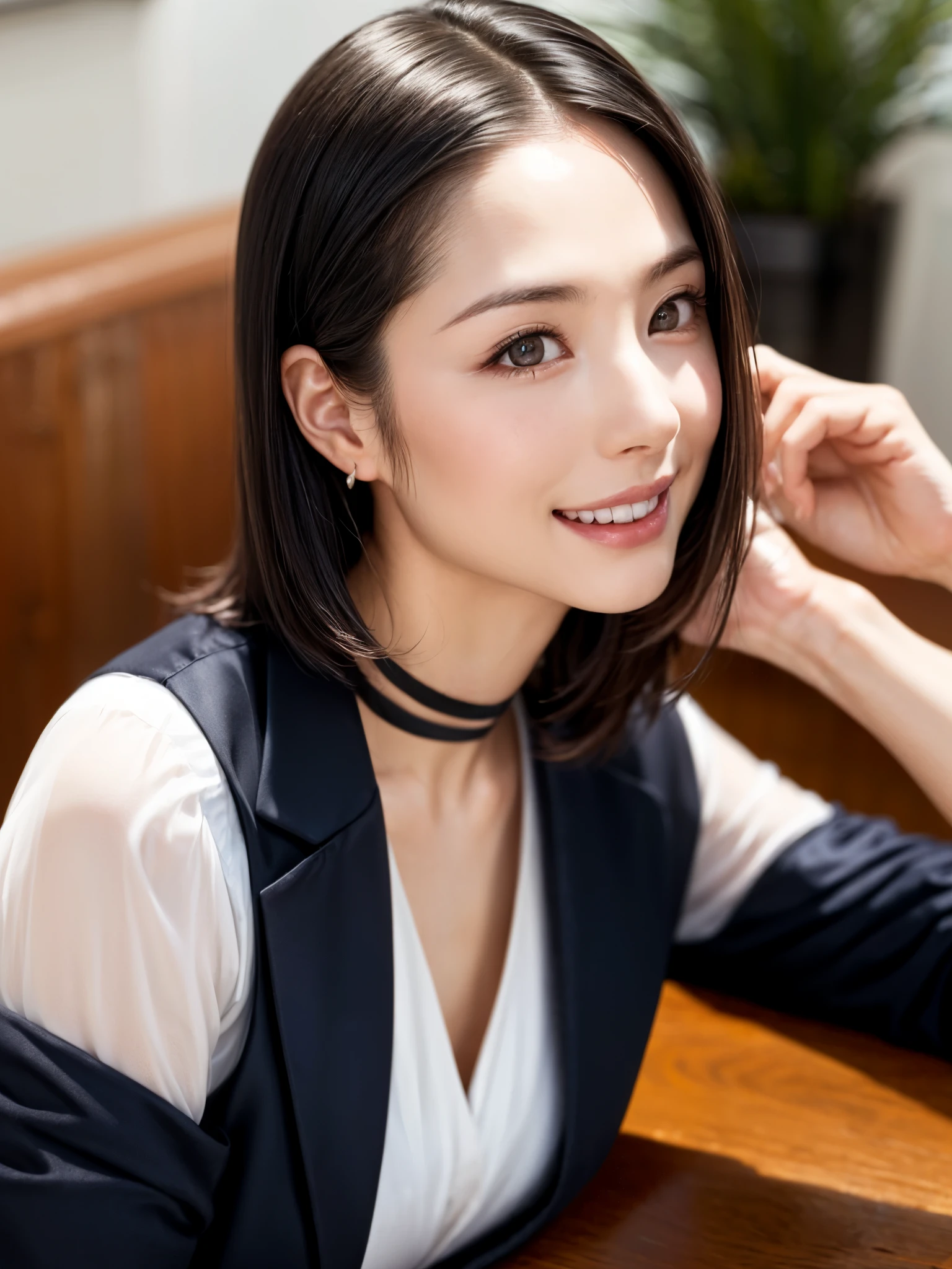 (table top, highest quality、High resolution:1.4、very attractive beauty、Adds intense highlights to the eyes、look closely at the camera:1.4、Beautiful woman full of charm、ideal body proportions、perfect anatomy、brunette short bob hair、shiny hair、bangs:1.4、光沢のあるbangs:1.4、lip gloss),1 girl, Report, light brown shiny hair, scarf,realistic, looking at the viewer、Please tilt your head slightly, bright colored crystal light blue eyes, short and shiny hair、 chest中央に穴の開いた白いタートルネックの衣装,chestの真ん中に丸い穴のあるセクシーな白いタートルネック ニット セーター、 lips, lip gloss, Upper body、Big eyes、eyelash、face is a little red、embarrassing)、((italian road in winter))、((short hair with Big eyess、Give your students very powerful highlights、{Huge|big|Hugeな|mega} chest:1.6、very bigger chest、look at the audience、very beautiful beauty、show me your ears、long neck、smile、smile、Happy、beautiful teeth、口を開いてsmile、heart shaped eyes))、28 years old、very cute super model、