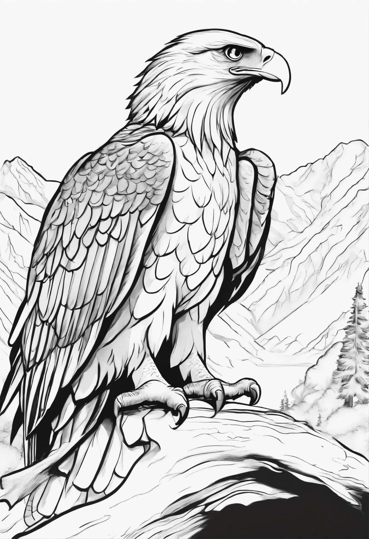 Generate black and white coloring pages of cute cartoon-style Eagle no color with low detail, no shading, no shadows, no background, and no borders.