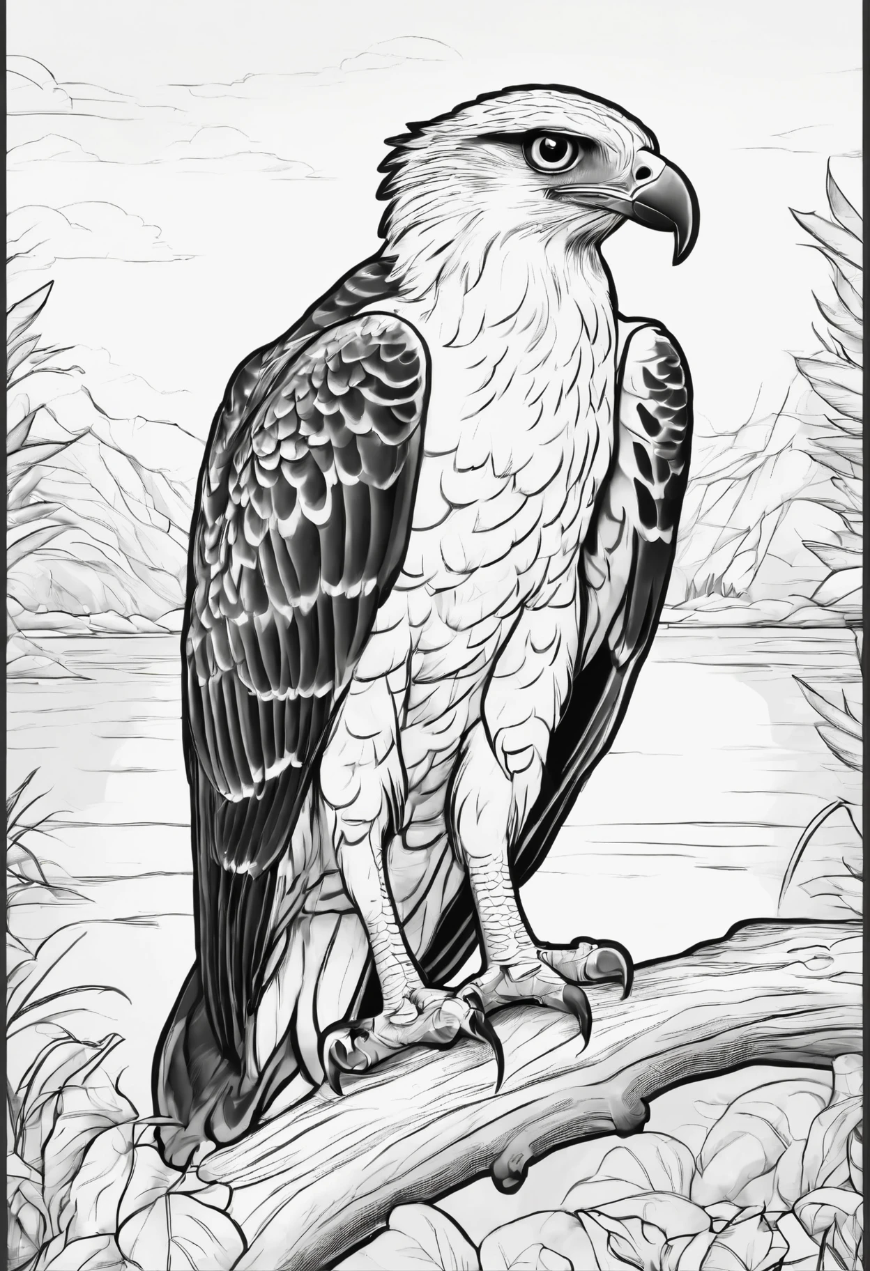 Generate black and white coloring pages of cute cartoon-style Osprey no color with low detail, no shading, no shadows, no background, and no borders.